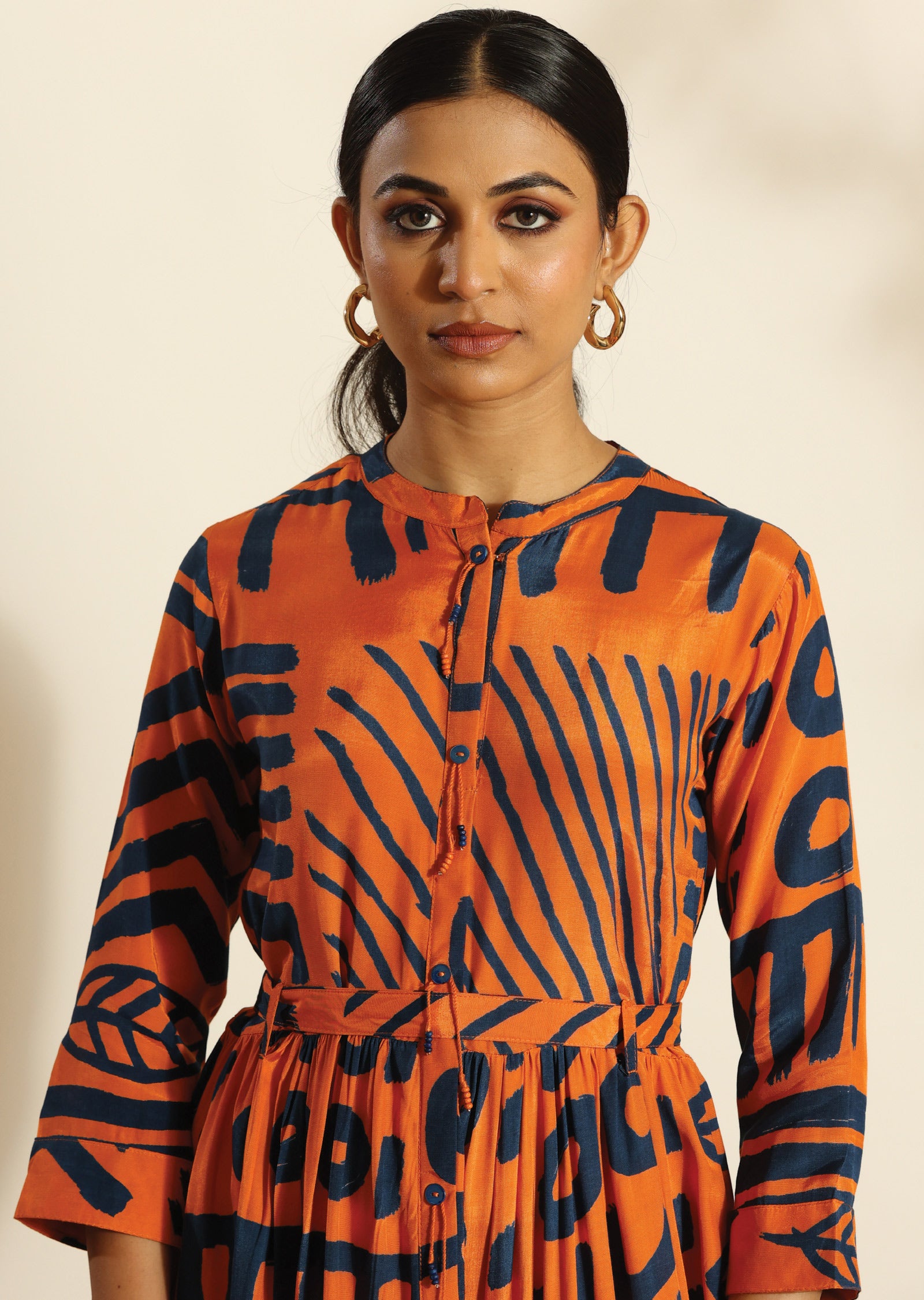 Orange & Blue Russian Silk Long Dress