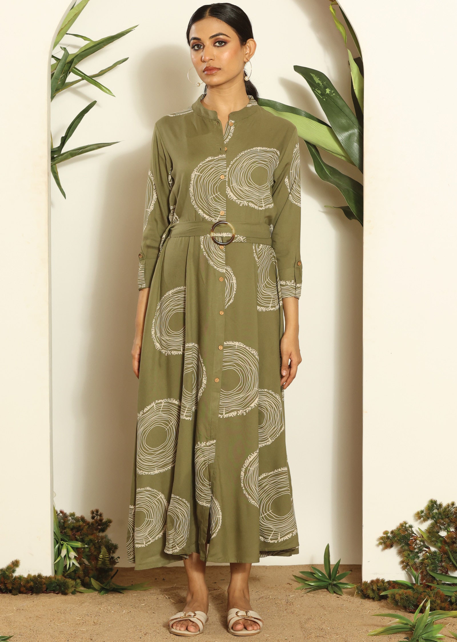 Mehendi Green & Beige Russian Silk Long Dress