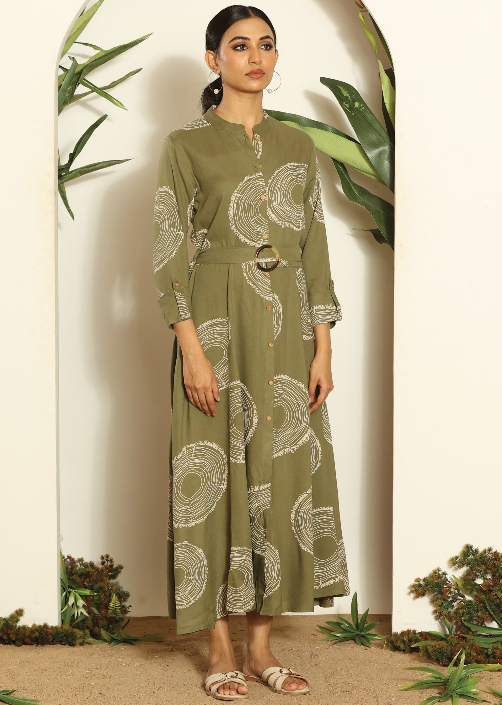 Mehendi Green & Beige Russian Silk Long Dress
