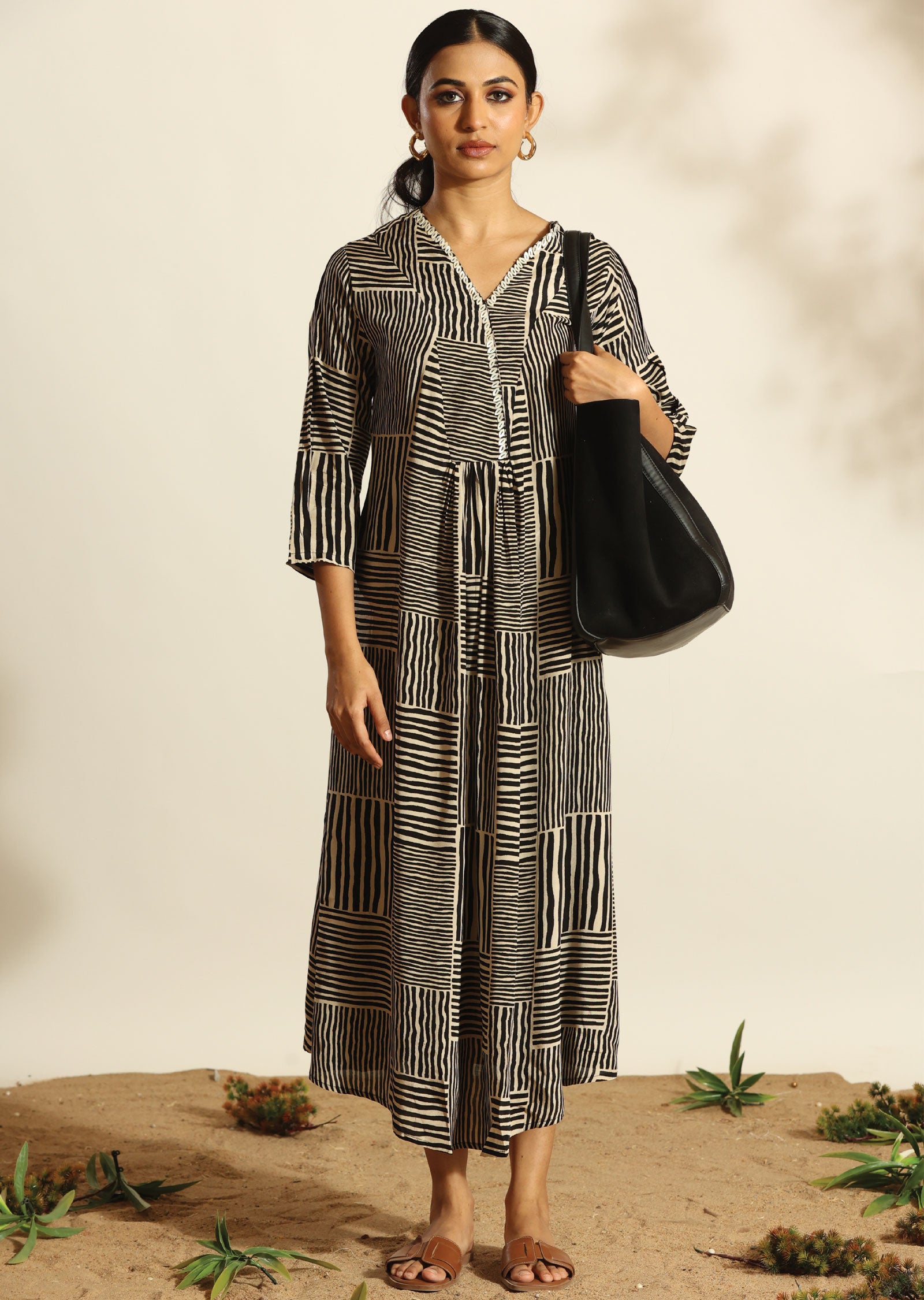 Black & Beige Russian Silk Long Dress