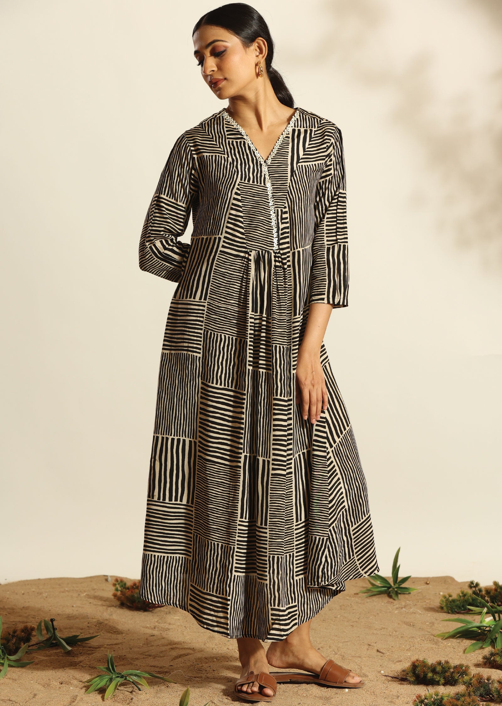 Black & Beige Russian Silk Long Dress