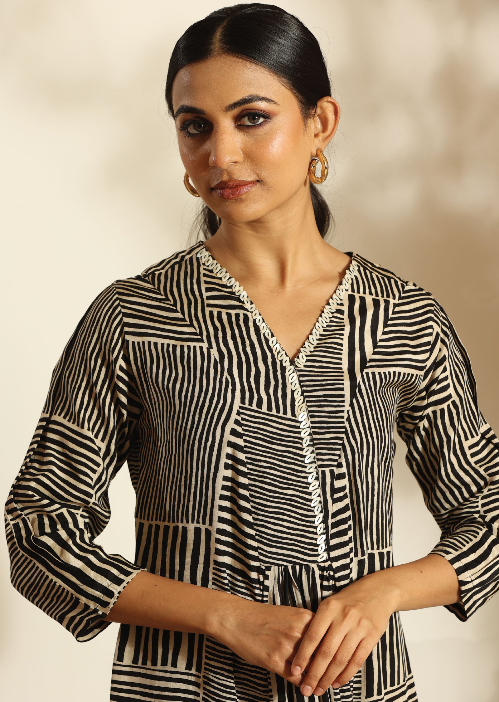 Black & Beige Russian Silk Long Dress