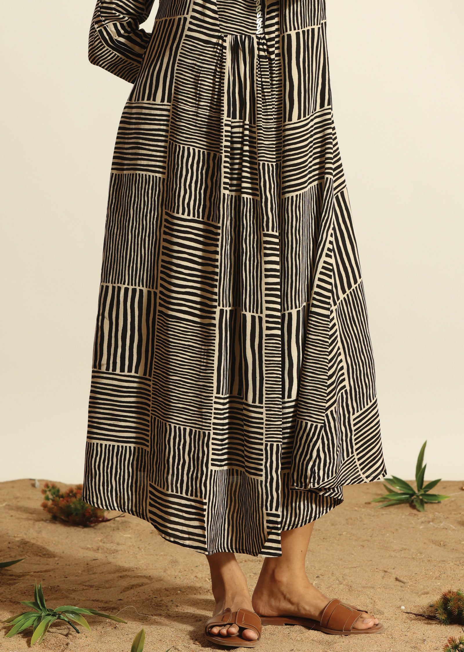 Black & Beige Russian Silk Long Dress