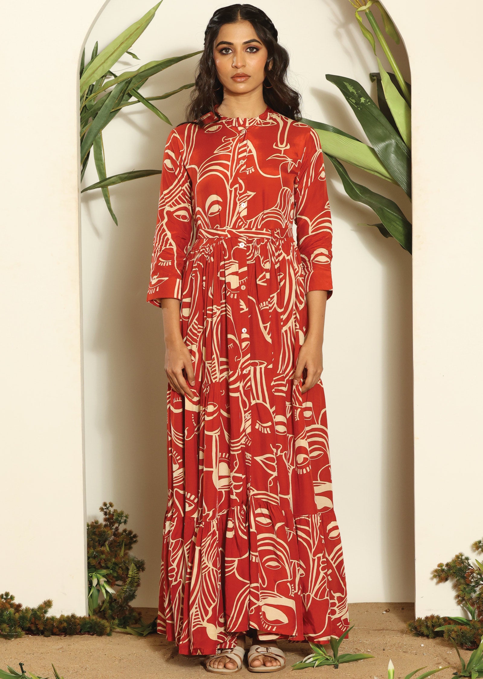 Rust & Beige Russian Silk Long Dress