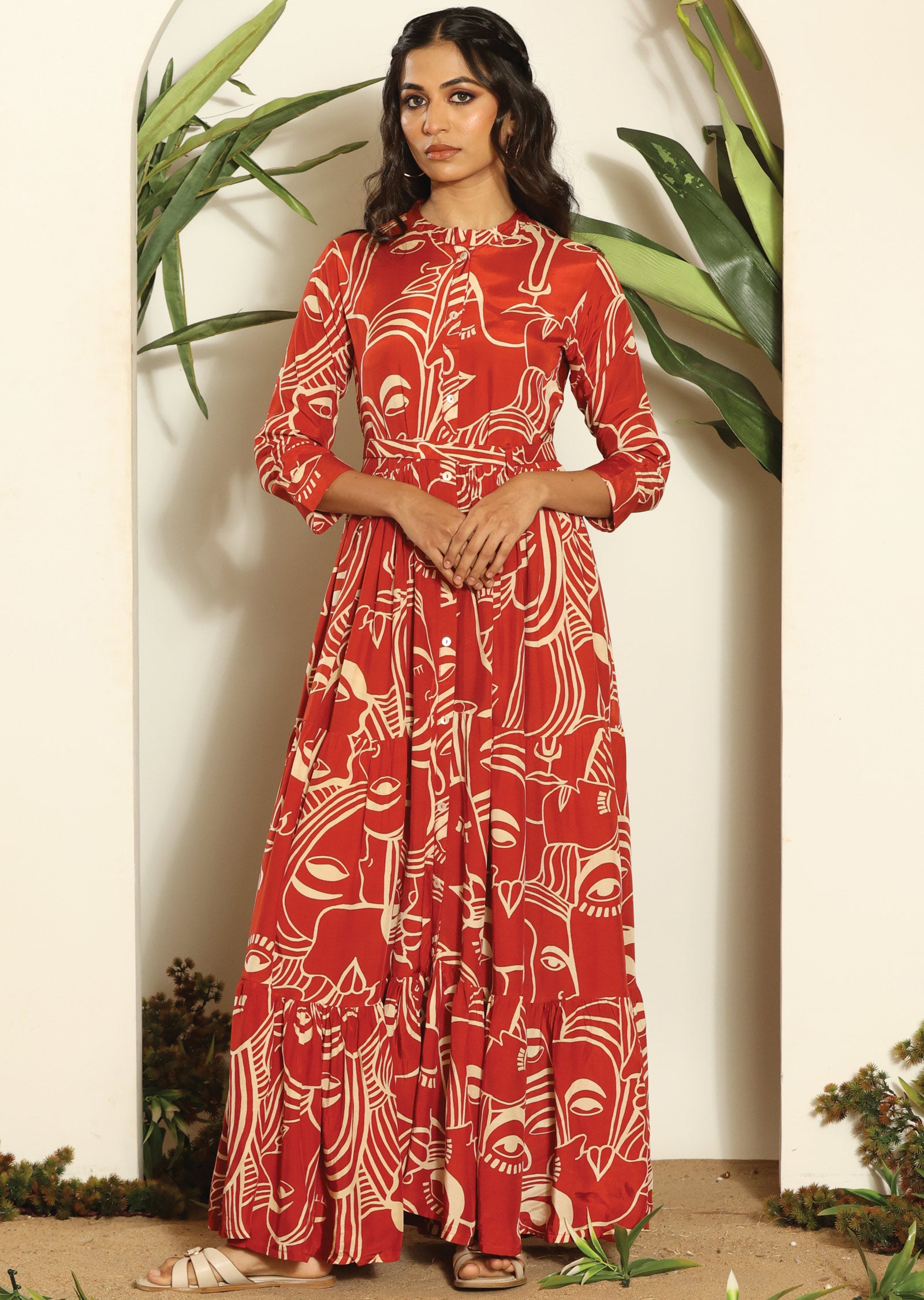 Rust & Beige Russian Silk Long Dress