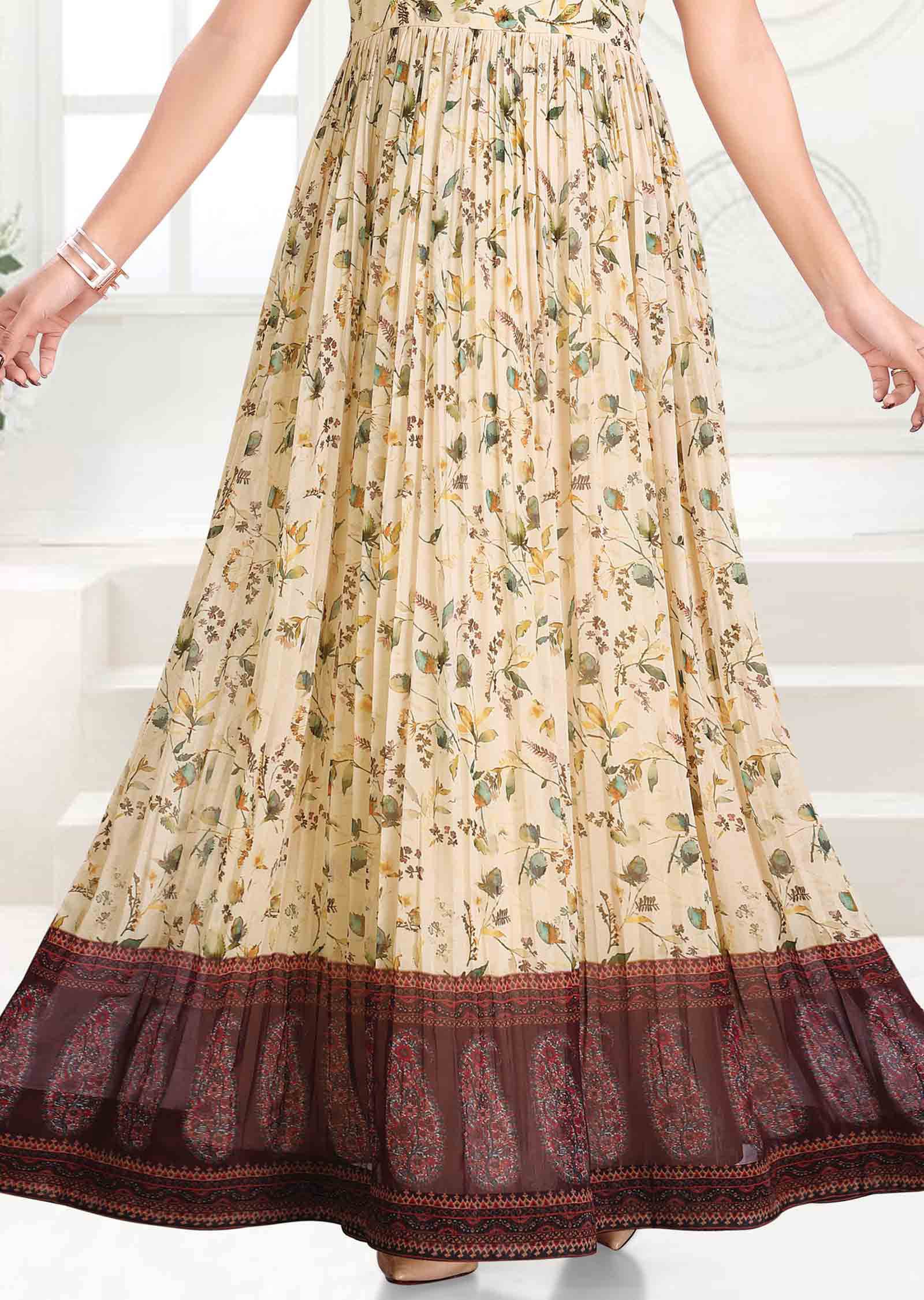 Dark cream Georgette Printed Full Length Kurti