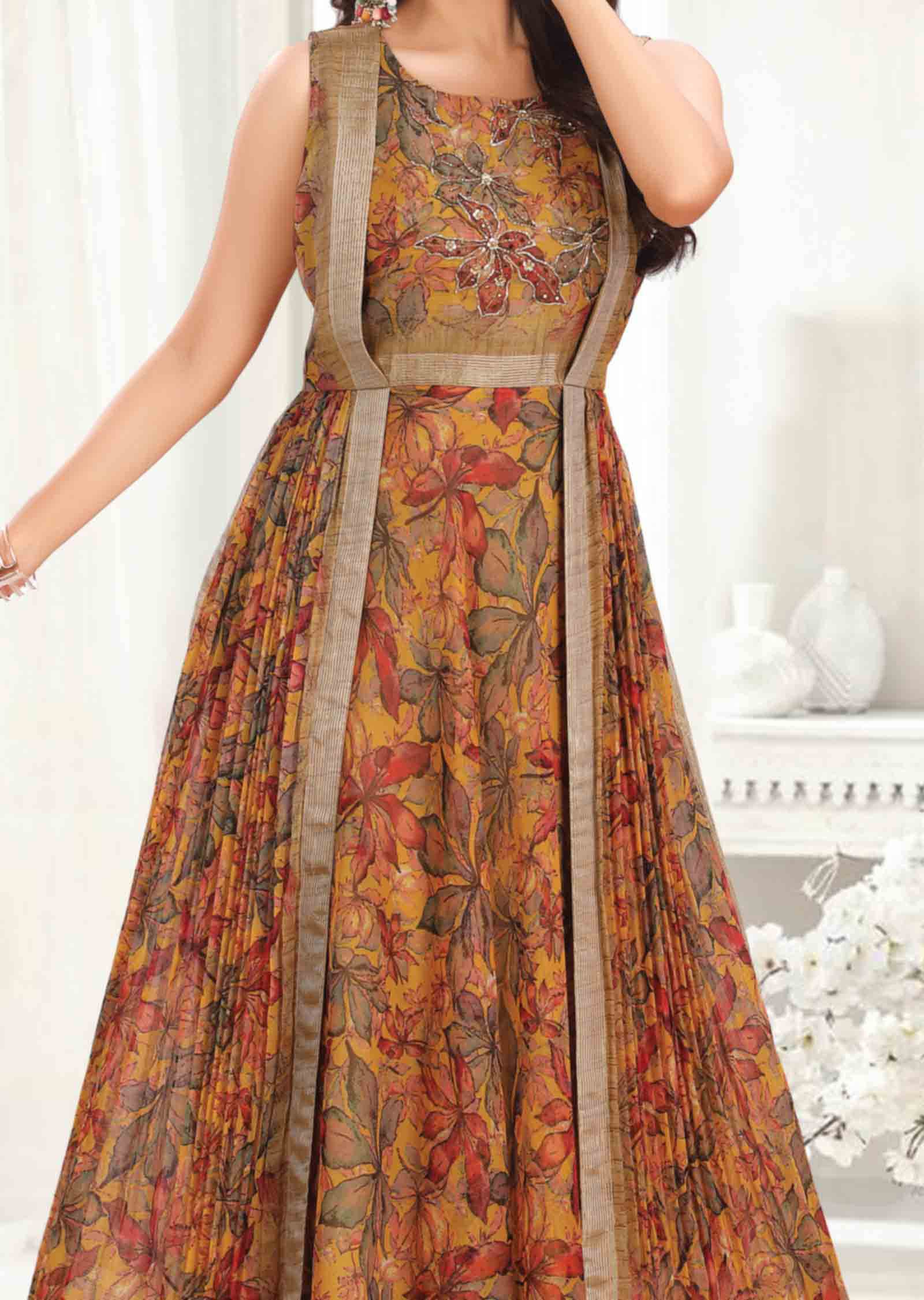 Mustard Chiffon Printed Kurti full length