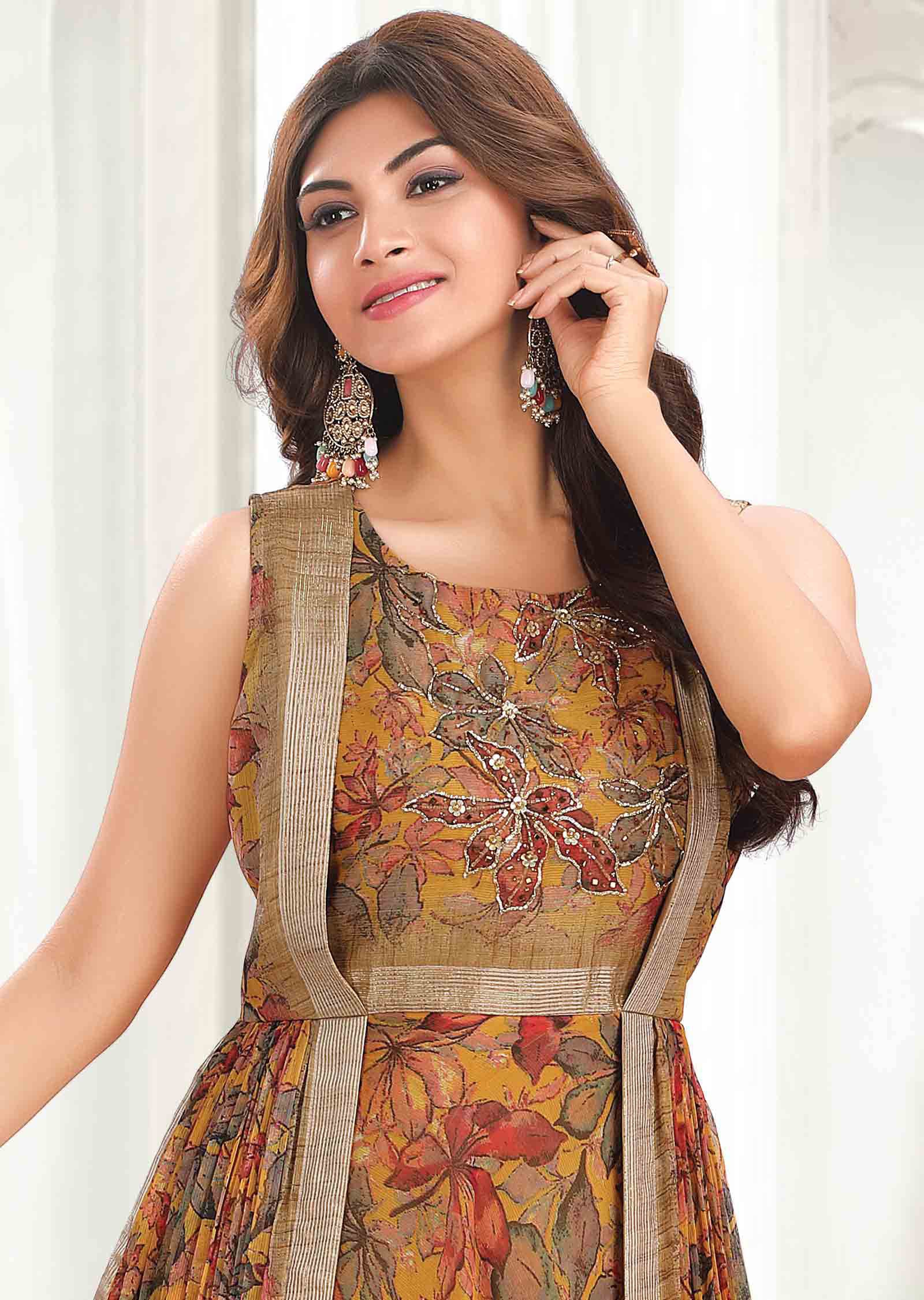 Mustard Chiffon Printed Kurti full length
