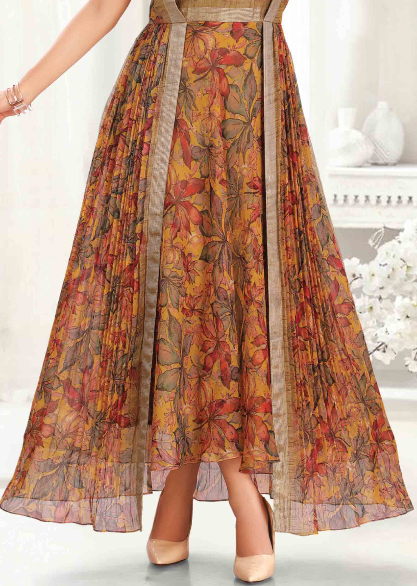 Mustard Chiffon Printed Kurti full length