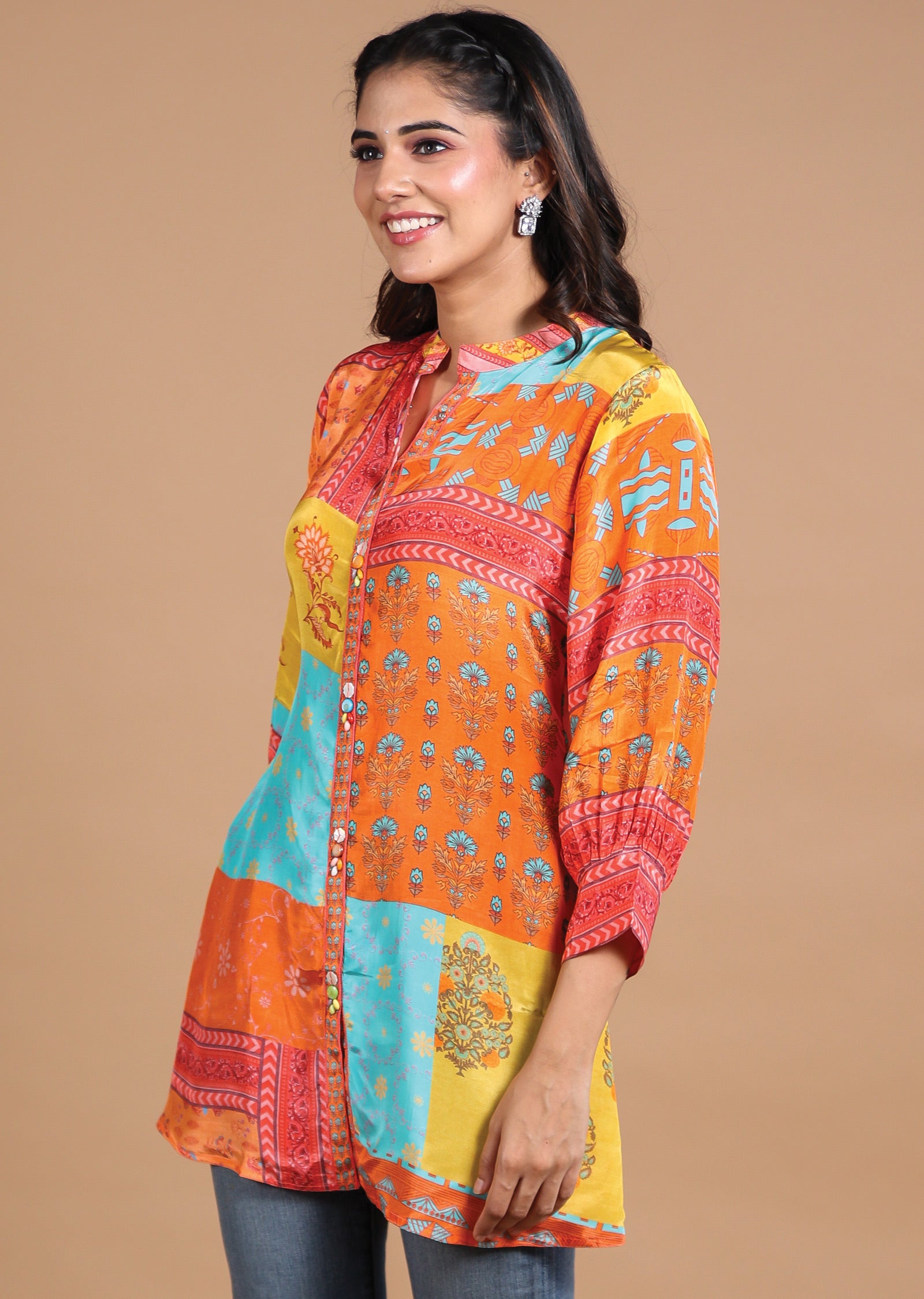 Multi Color Printed Crepe Shirt Style Short Kurti
