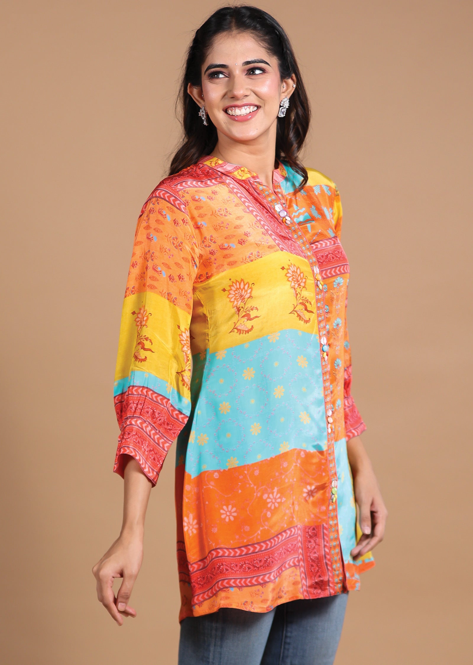 Multi Color Printed Crepe Shirt Style Short Kurti
