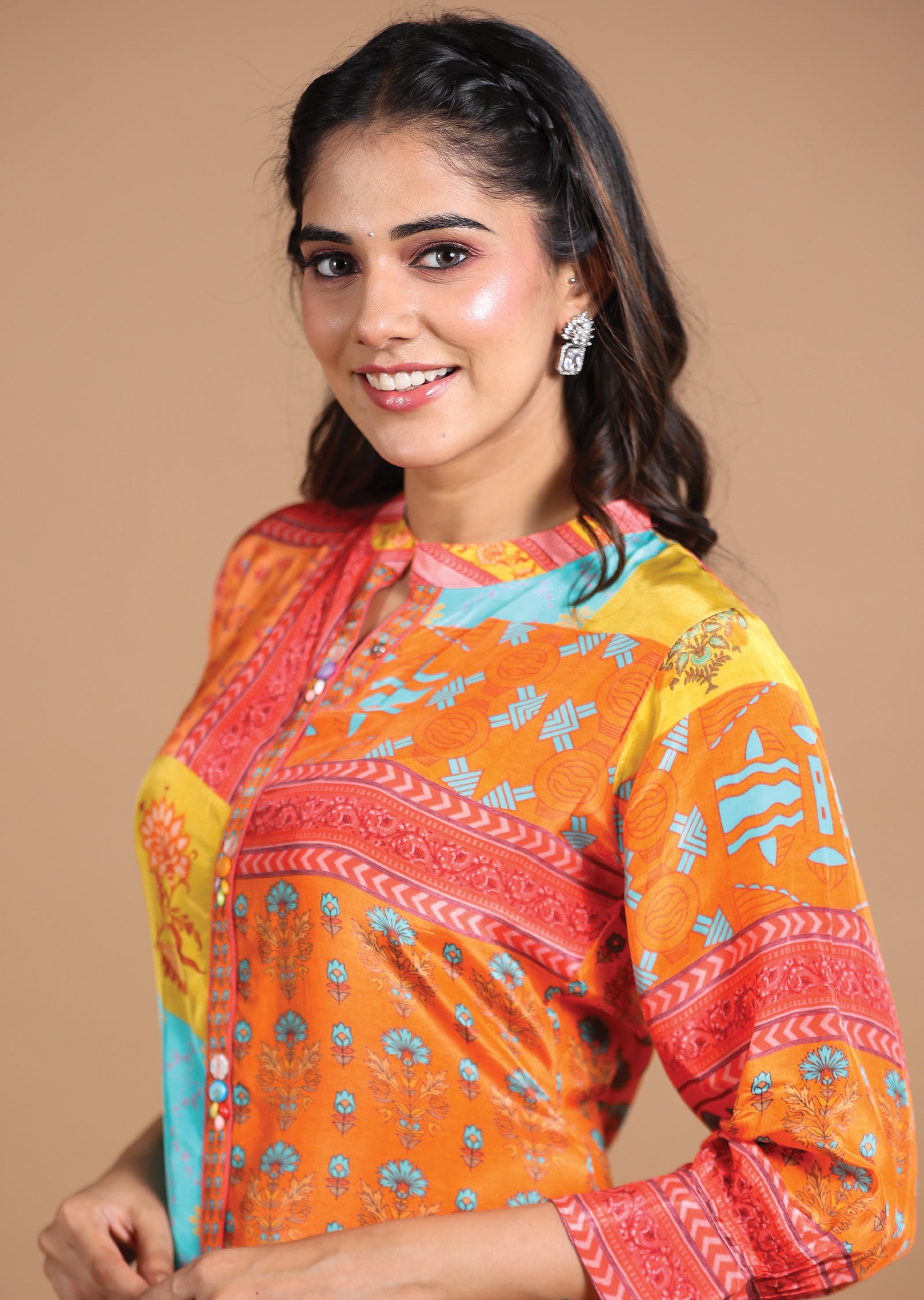 Multi Color Printed Crepe Shirt Style Short Kurti