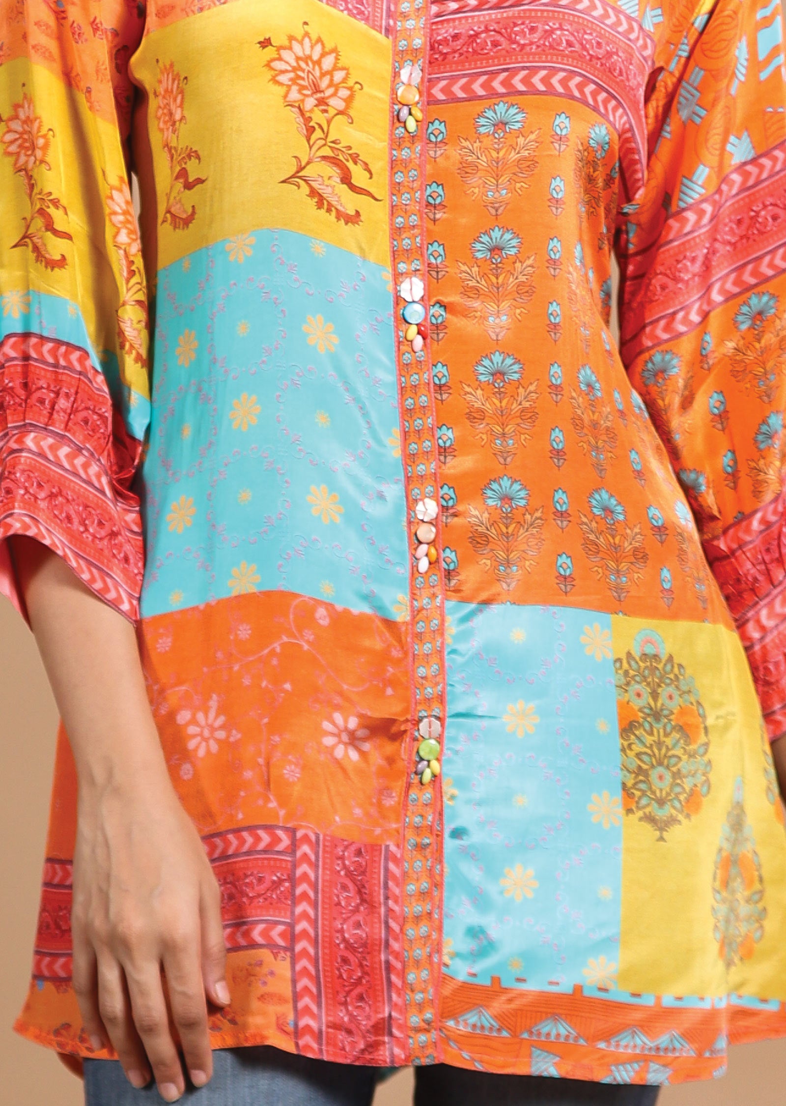 Multi Color Printed Crepe Shirt Style Short Kurti