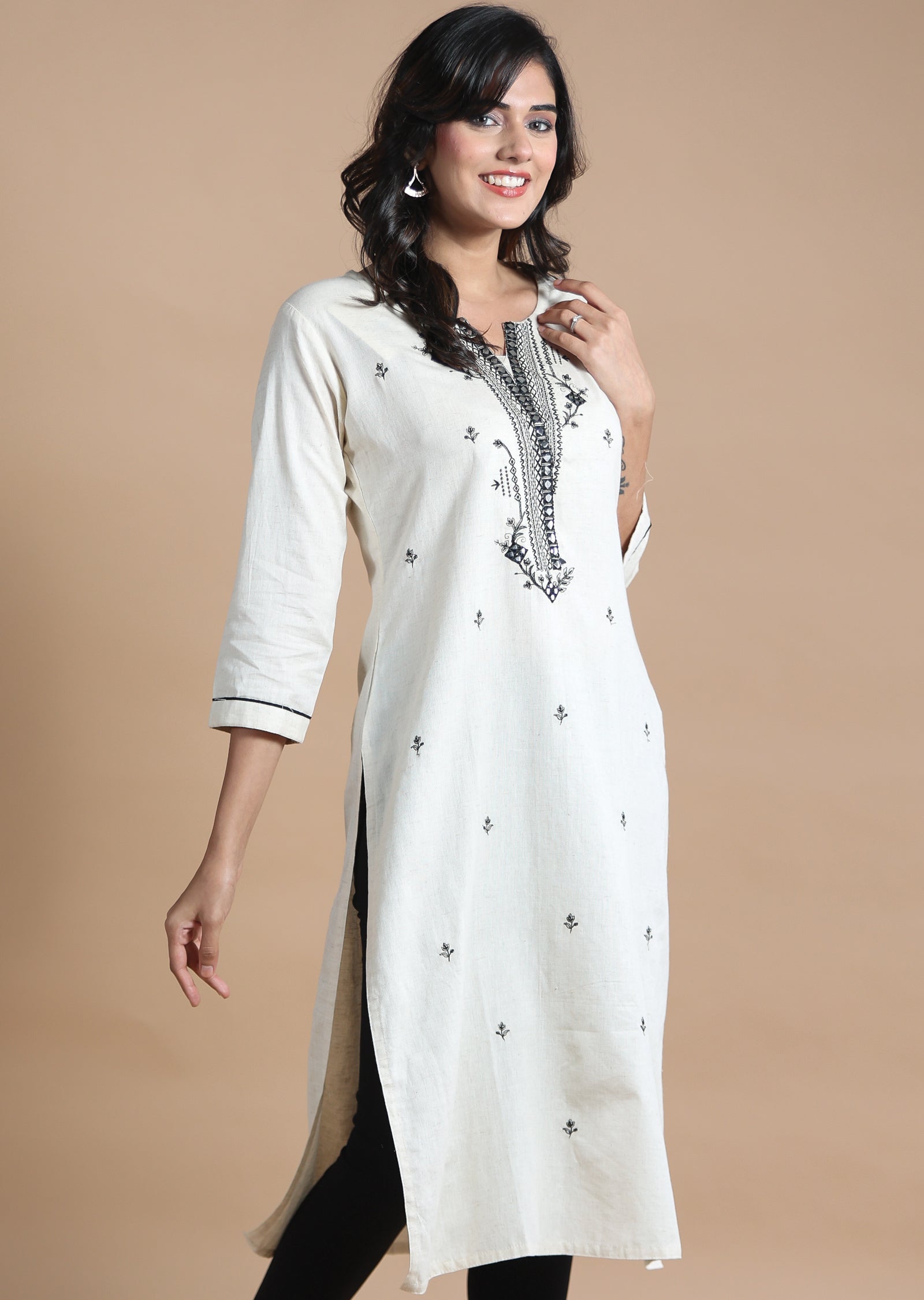 Off White Cotton Kurti Straight Cut