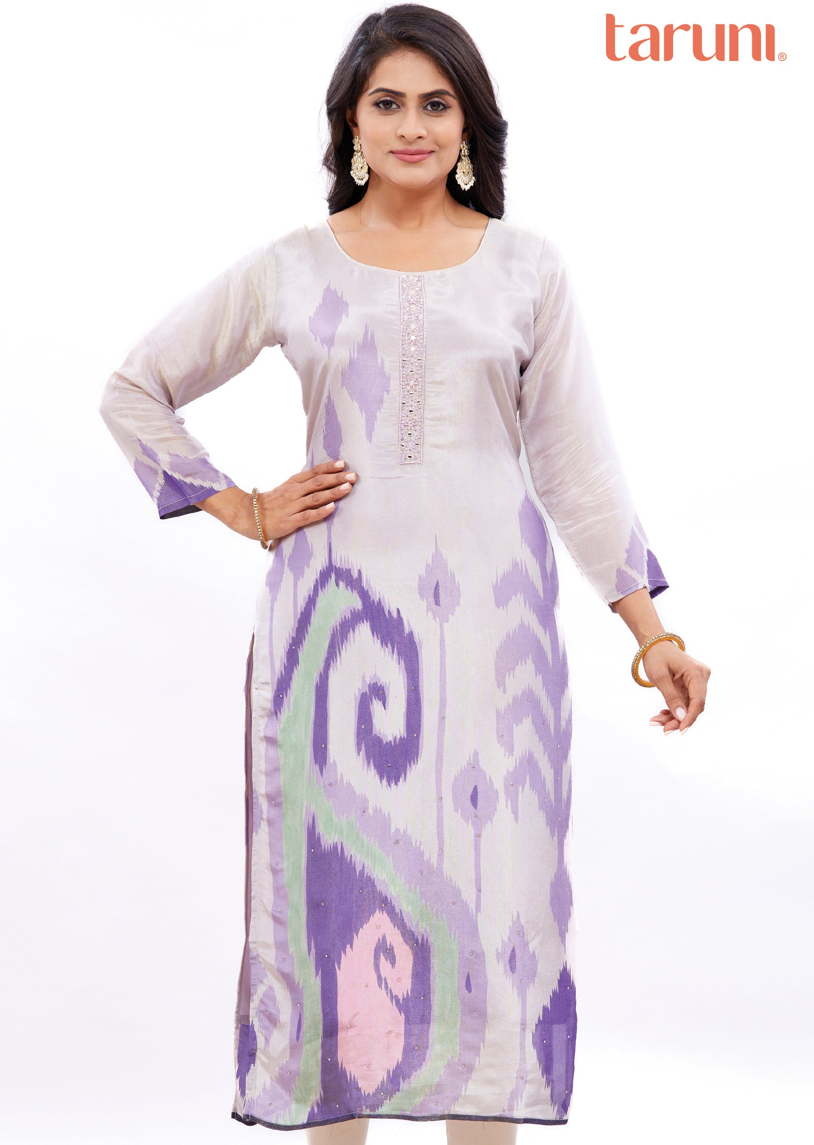 Lavender Straight Cut Kurti with Sequence & Mirror Work