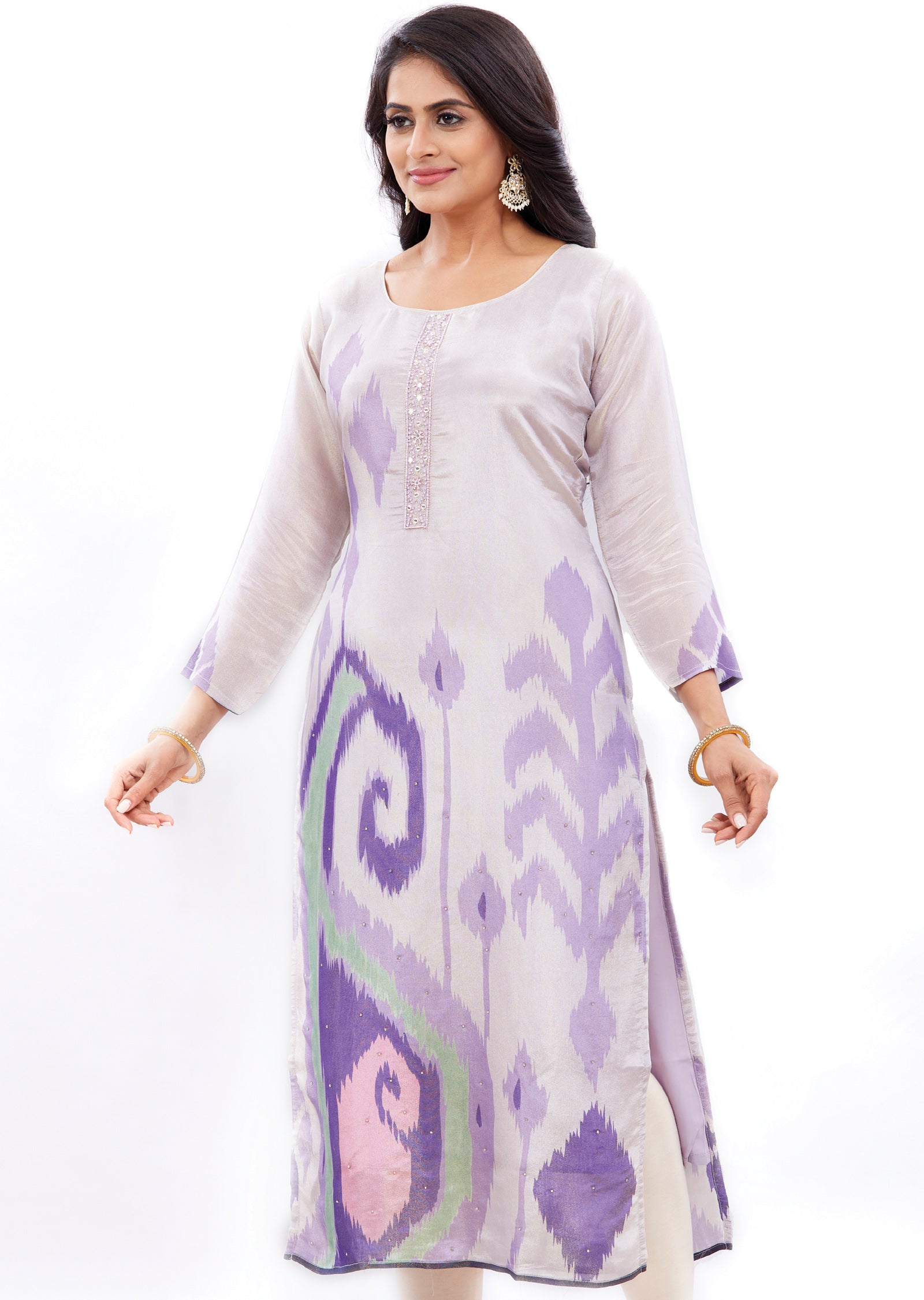 Lavender Straight Cut Kurti with Sequence & Mirror Work