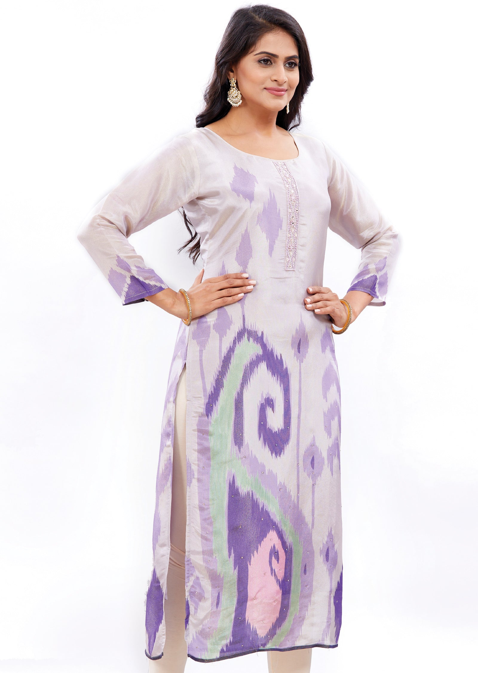 Lavender Straight Cut Kurti with Sequence & Mirror Work