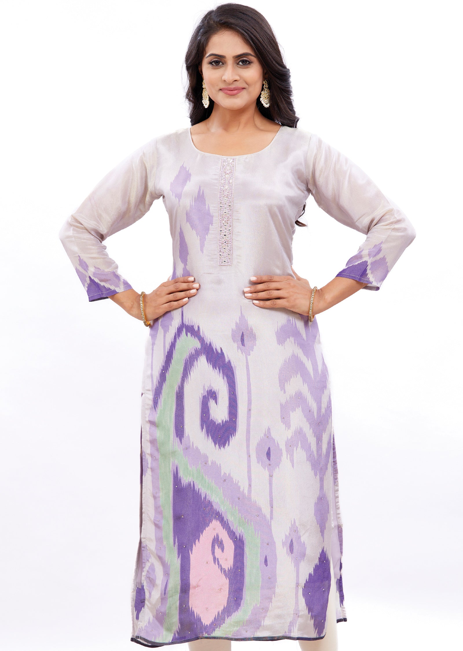Lavender Straight Cut Kurti with Sequence & Mirror Work