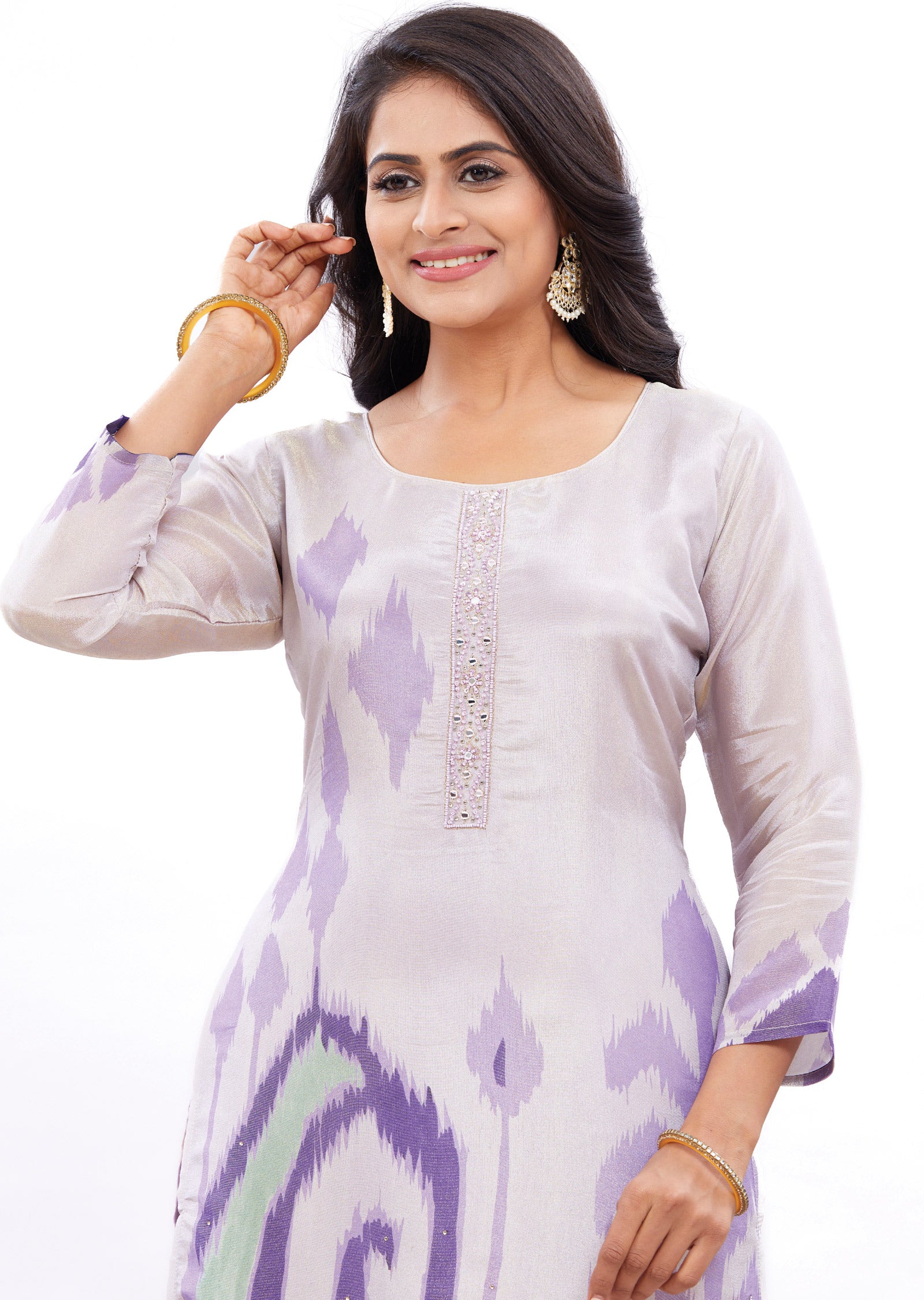 Lavender Straight Cut Kurti with Sequence & Mirror Work