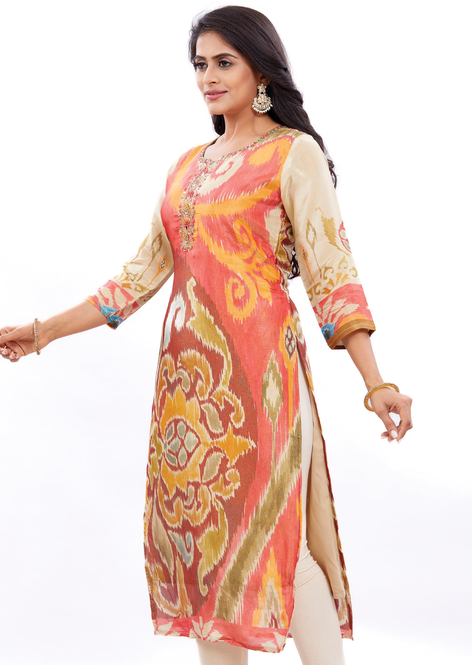 Multi Color Tissue Silk Straight Cut Kurti with Zardosi Work