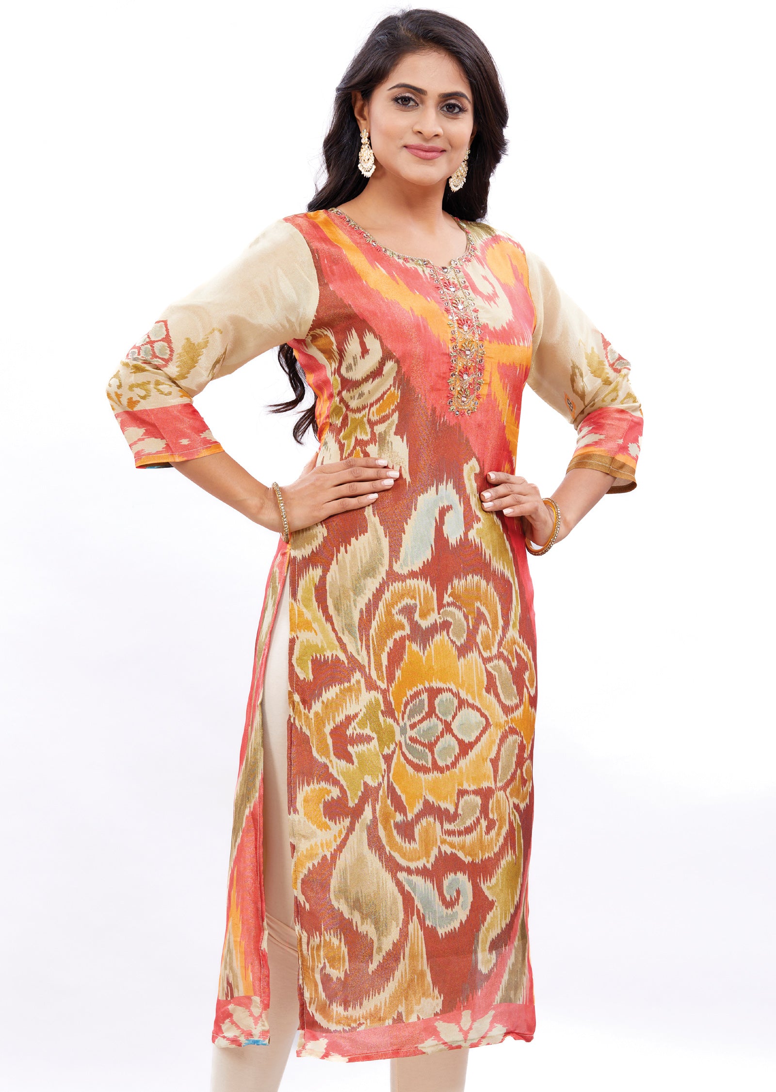 Multi Color Tissue Silk Straight Cut Kurti with Zardosi Work
