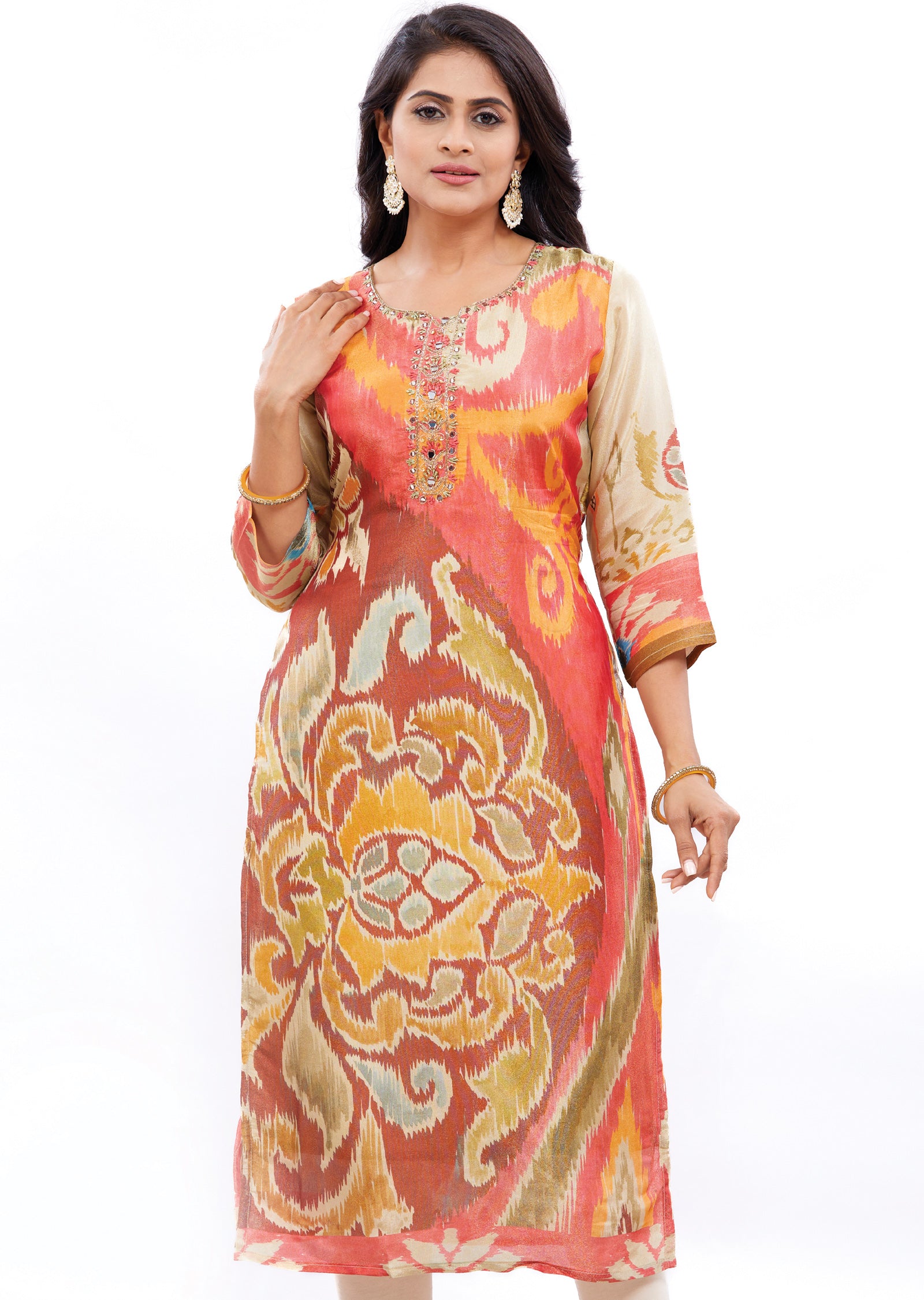 Multi Color Tissue Silk Straight Cut Kurti with Zardosi Work