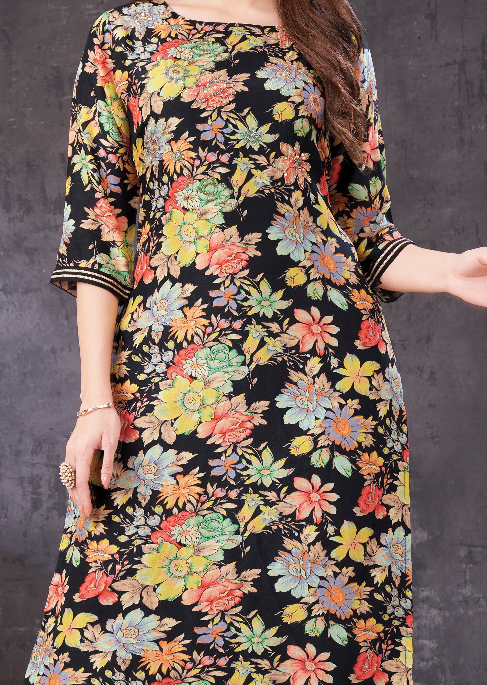 Black Digital Printed Silk Straight Cut Kurti