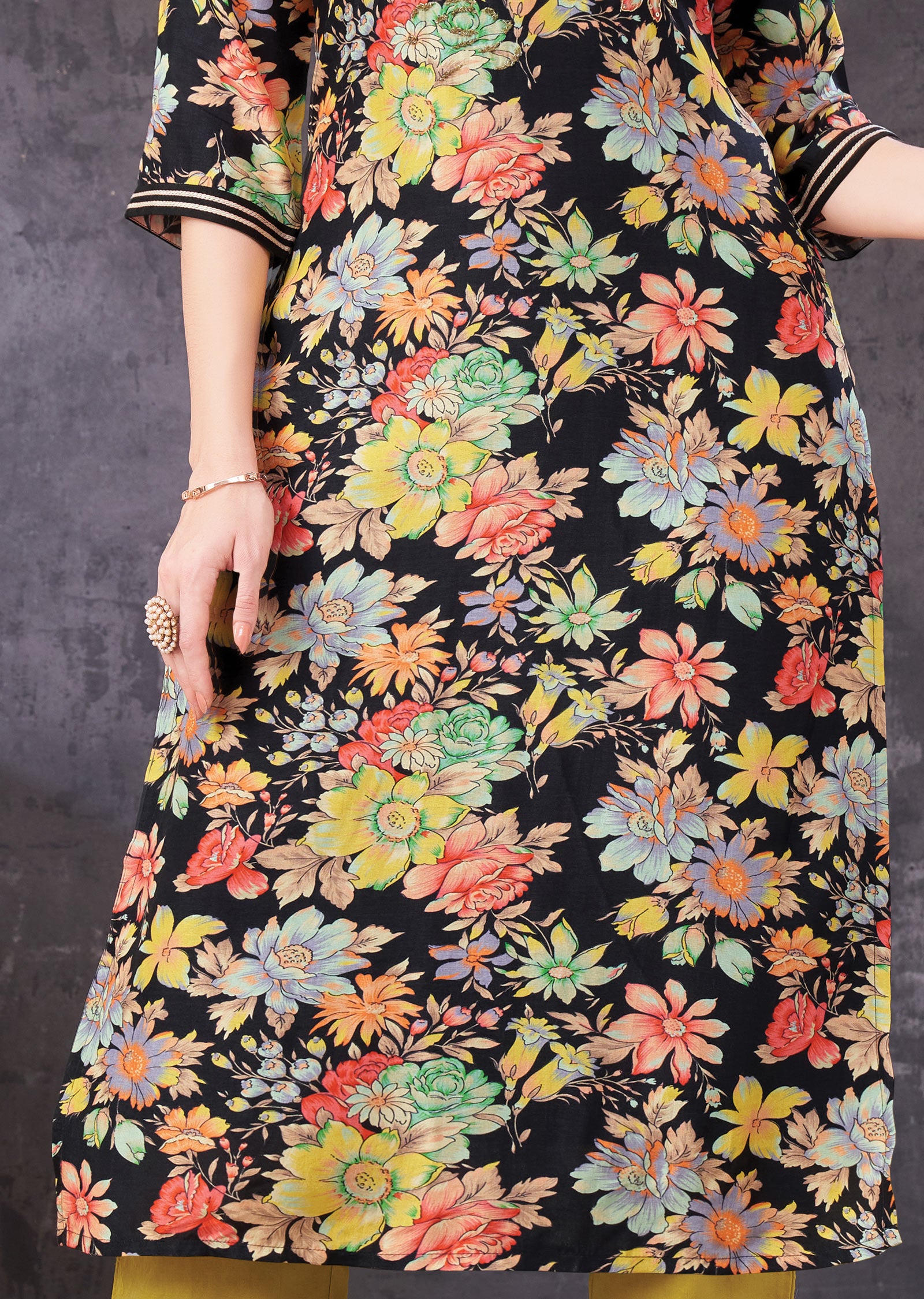Black Digital Printed Silk Straight Cut Kurti