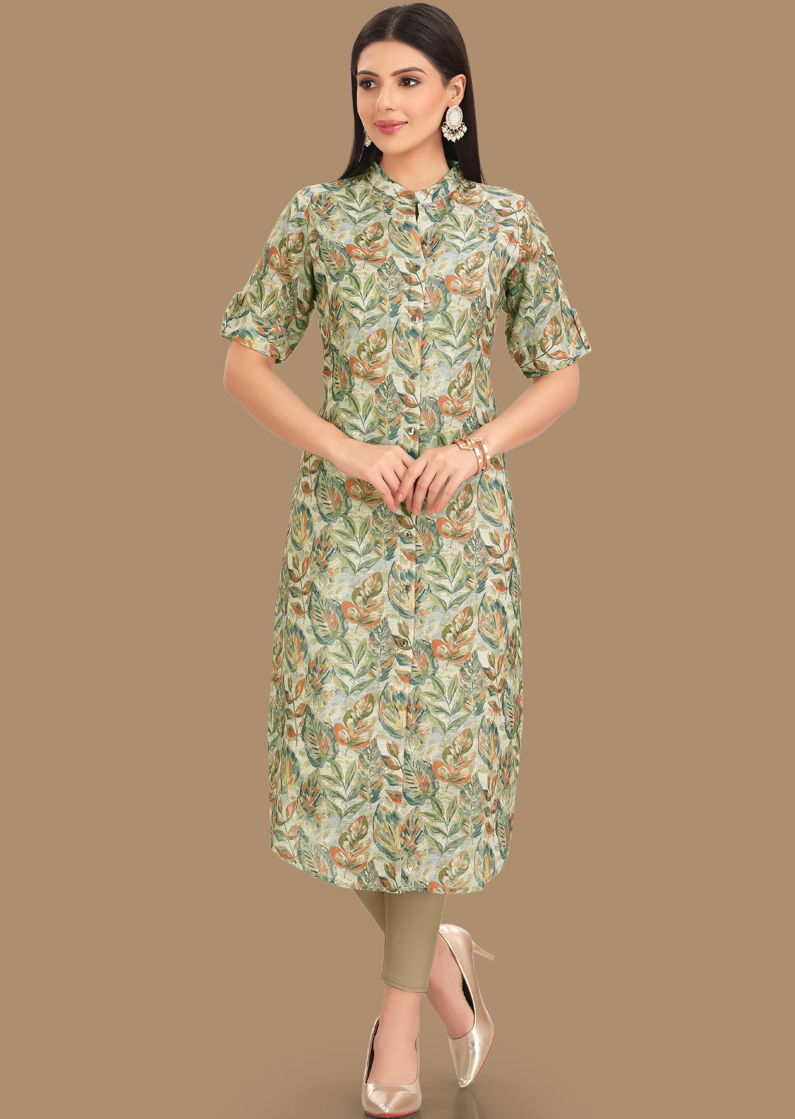 Cream Linen Cotton Straight Cut Kurti