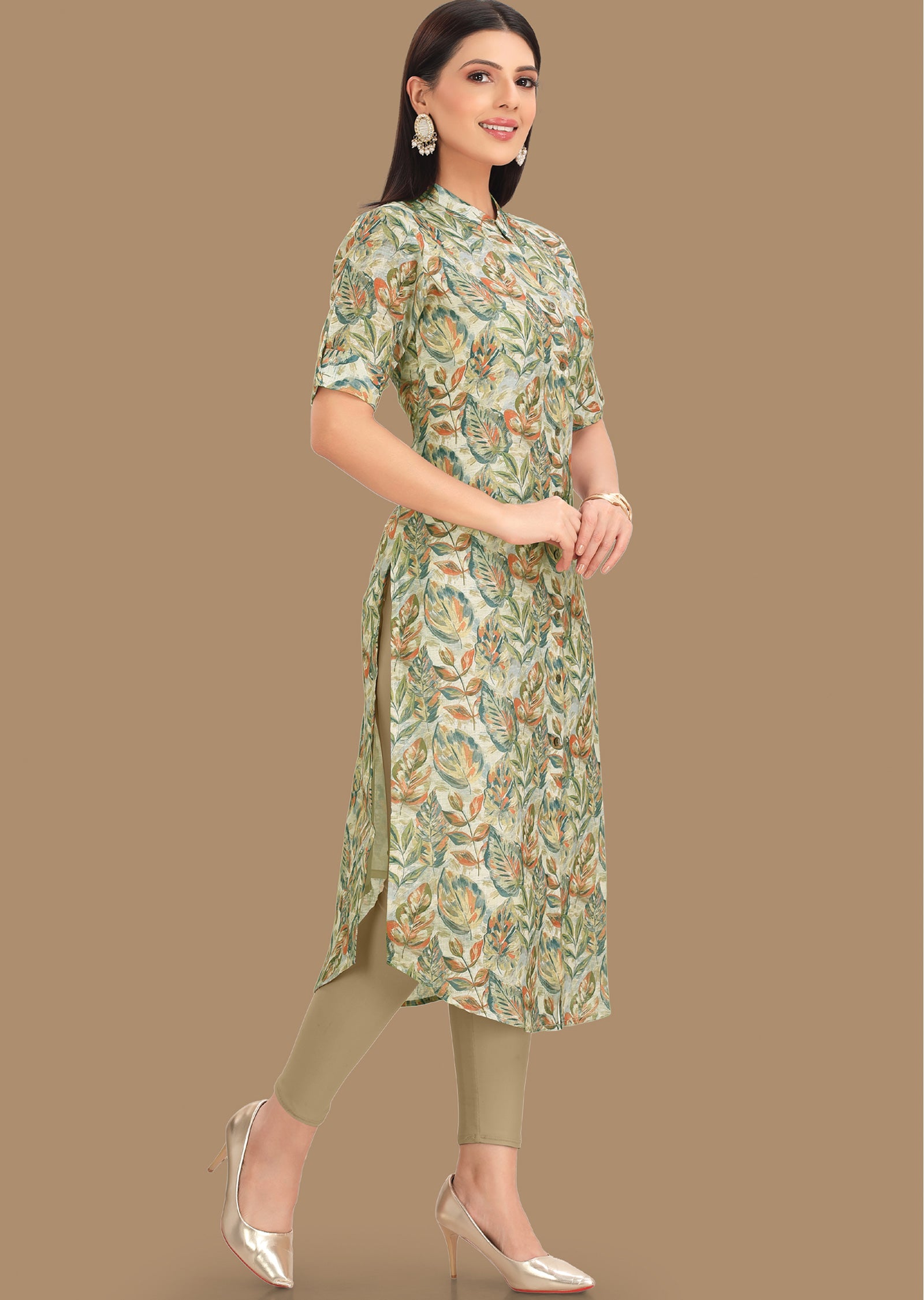Cream Linen Cotton Straight Cut Kurti