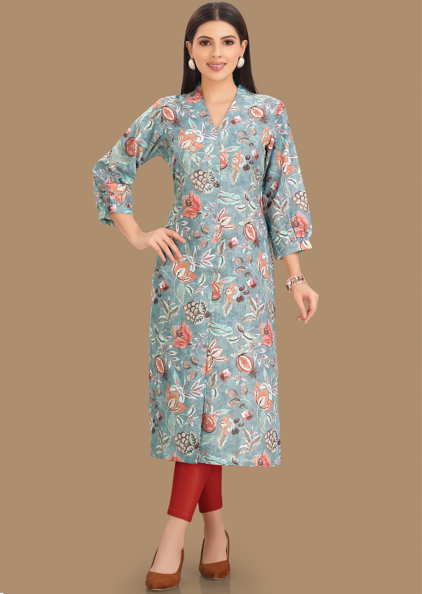 Grey Linen Cotton Kurti Straight Cut