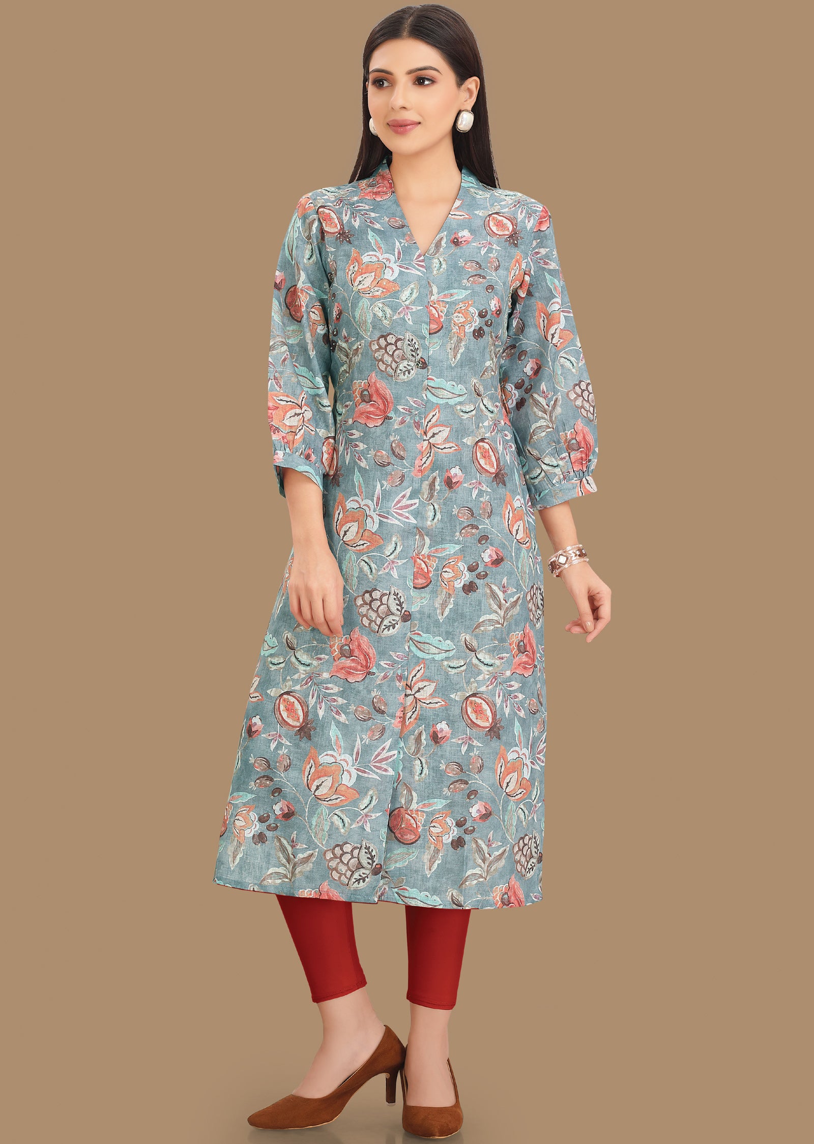 Grey Linen Cotton Kurti Straight Cut
