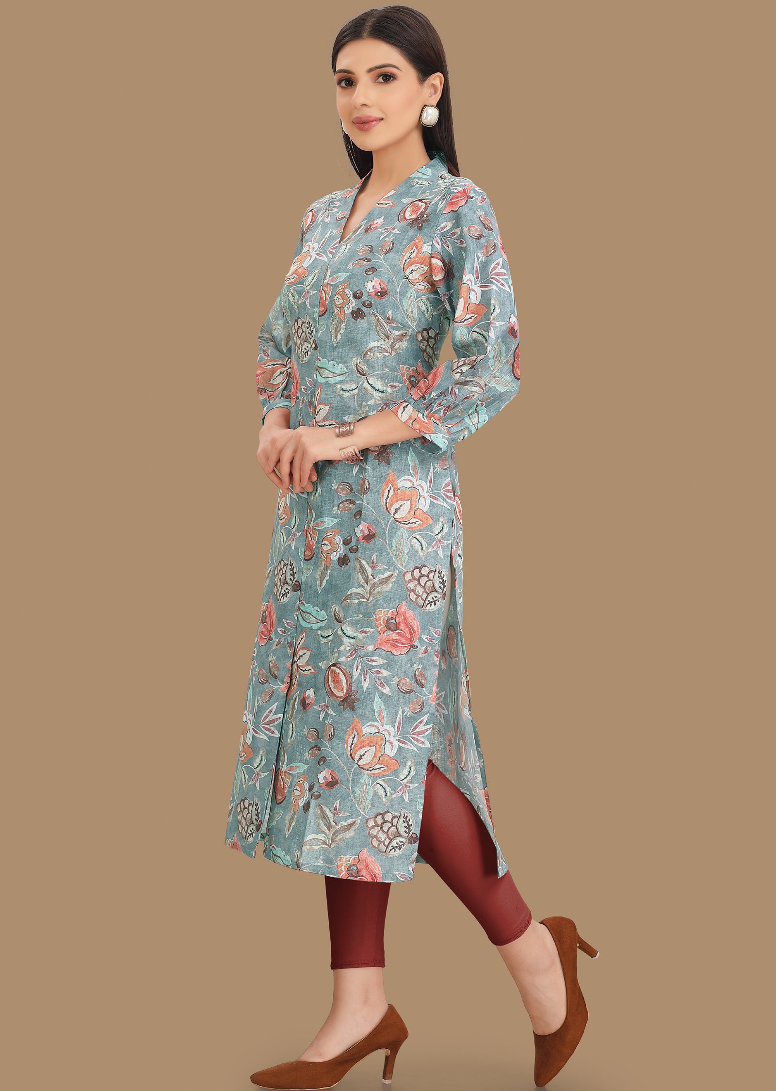 Grey Linen Cotton Kurti Straight Cut