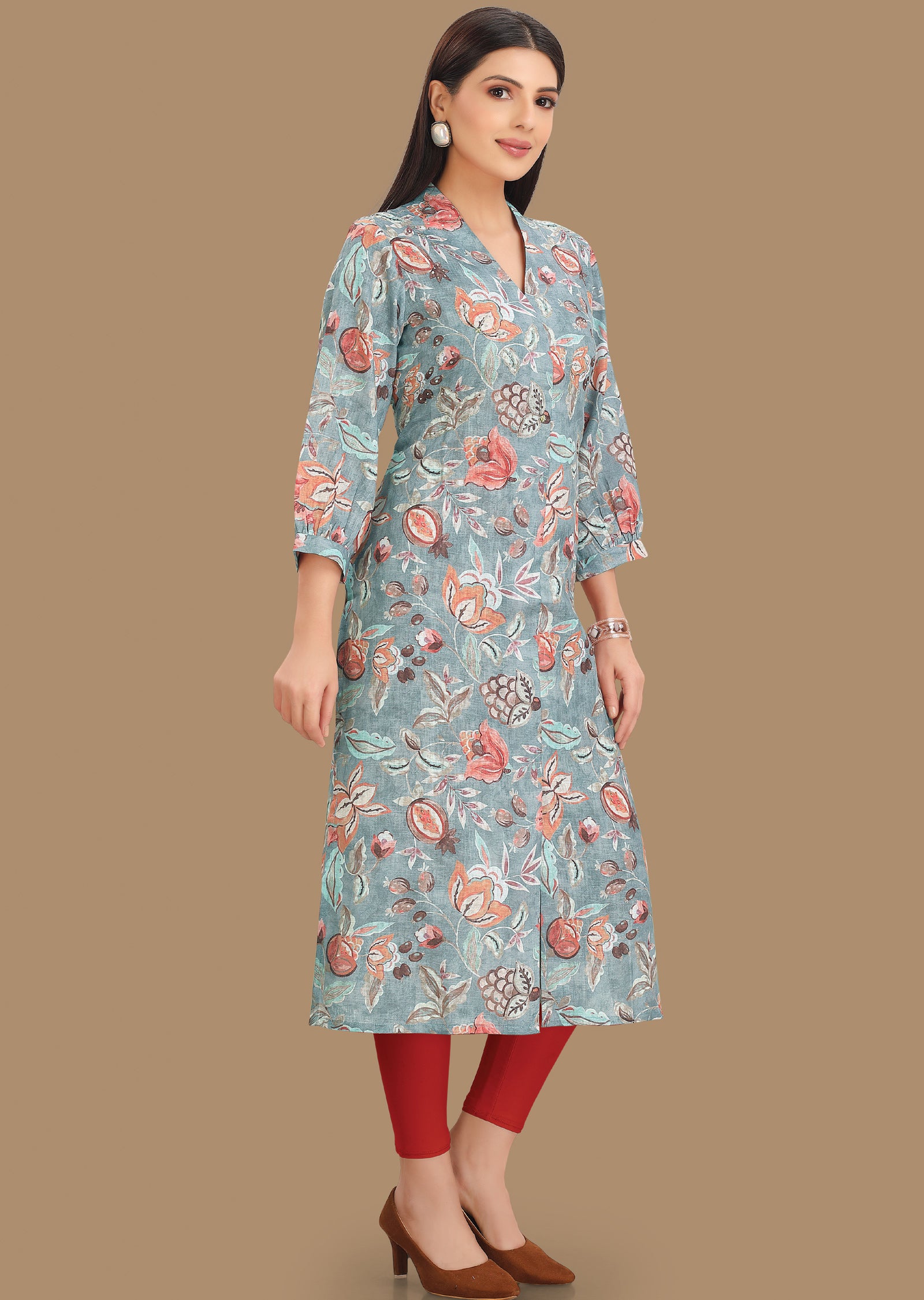 Grey Linen Cotton Kurti Straight Cut