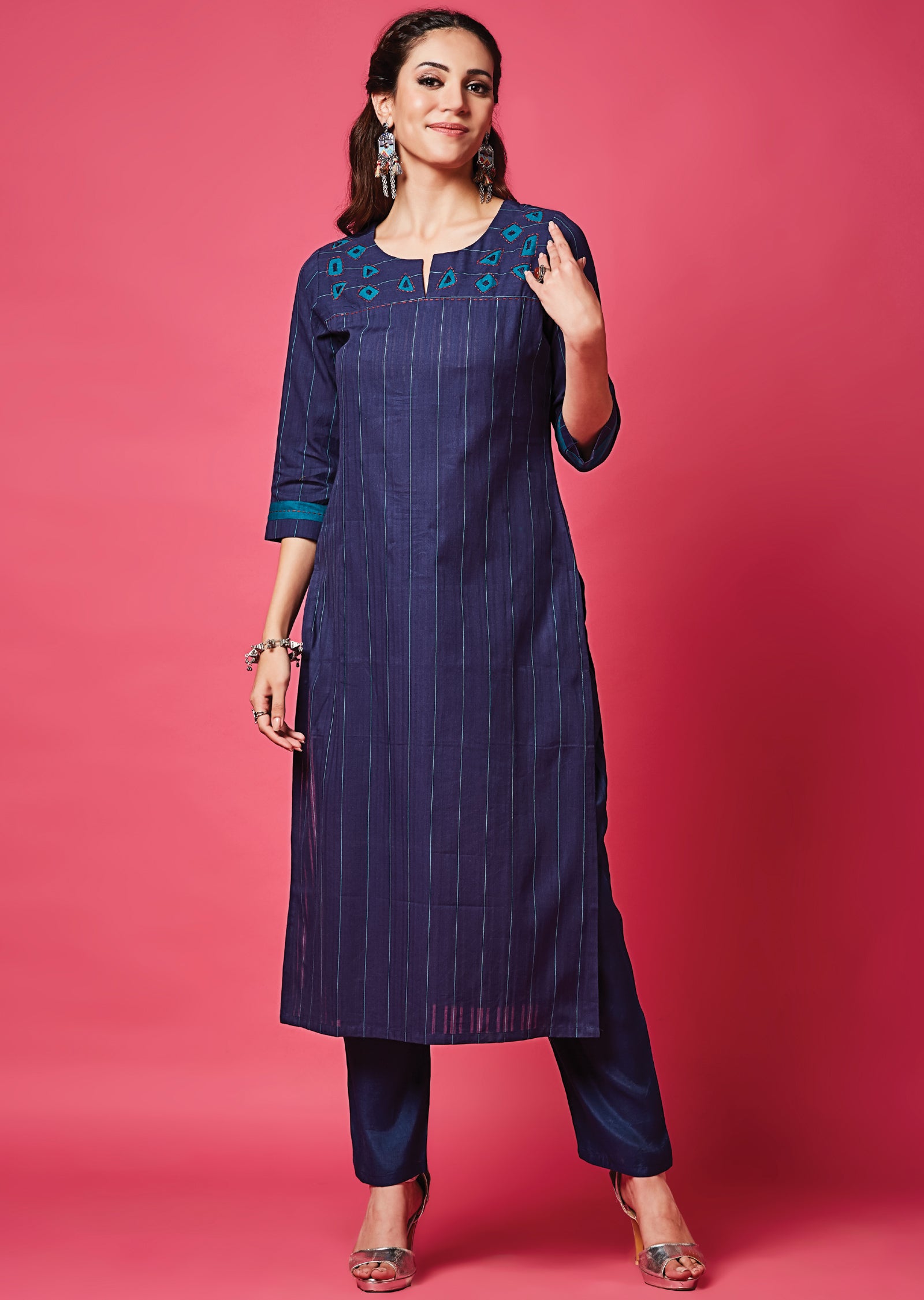 Navy Blue Cotton Straight Cut