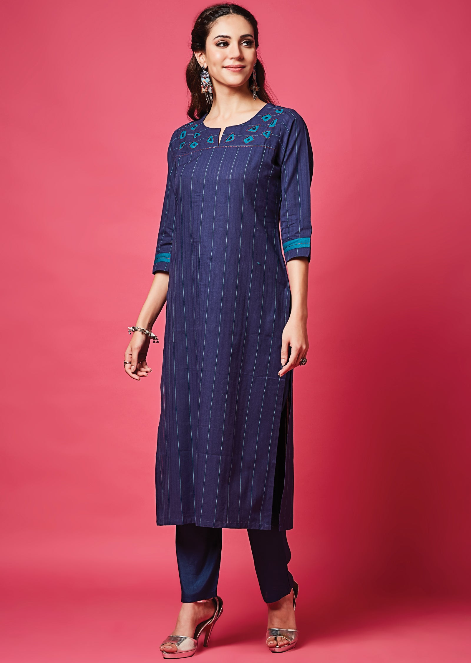 Navy Blue Cotton Straight Cut