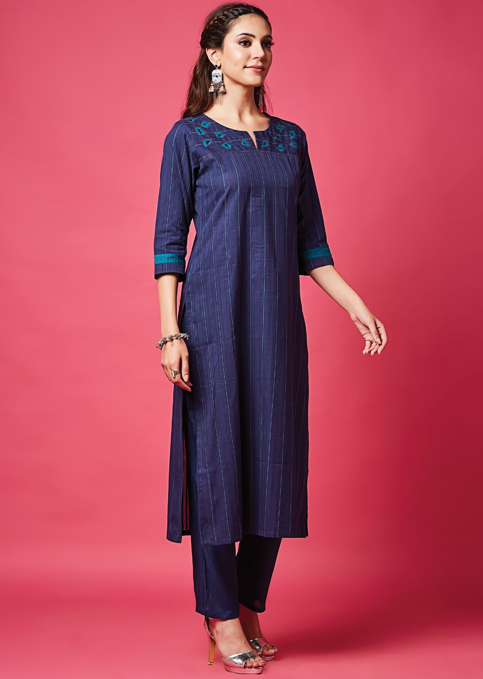 Navy Blue Cotton Straight Cut