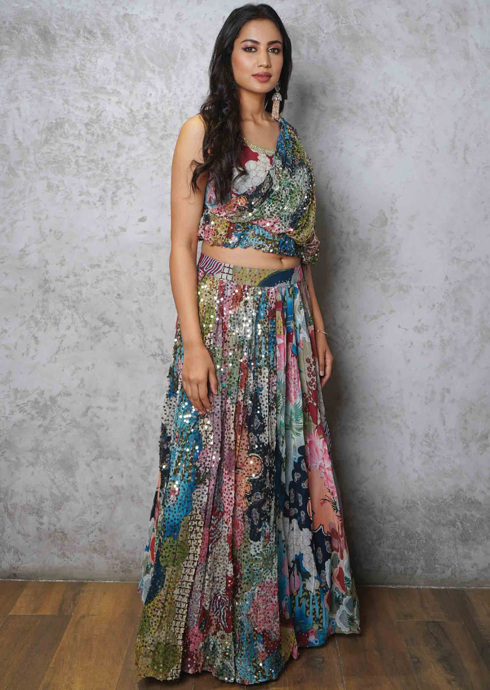 Multi color Georgette Sequins Crop Top