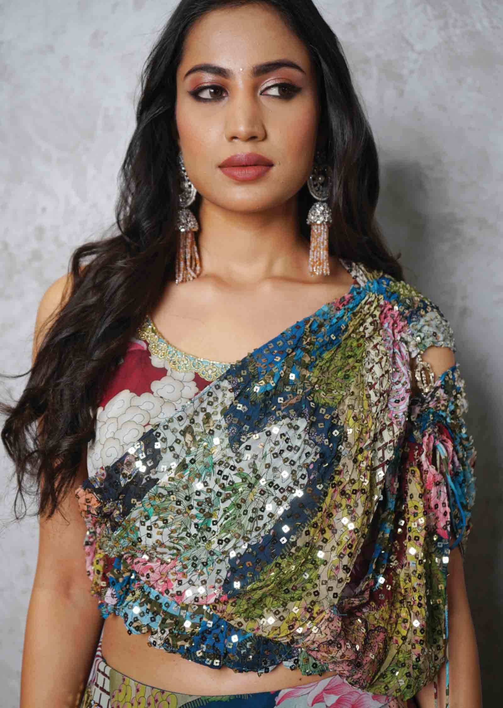 Multi color Georgette Sequins Crop Top