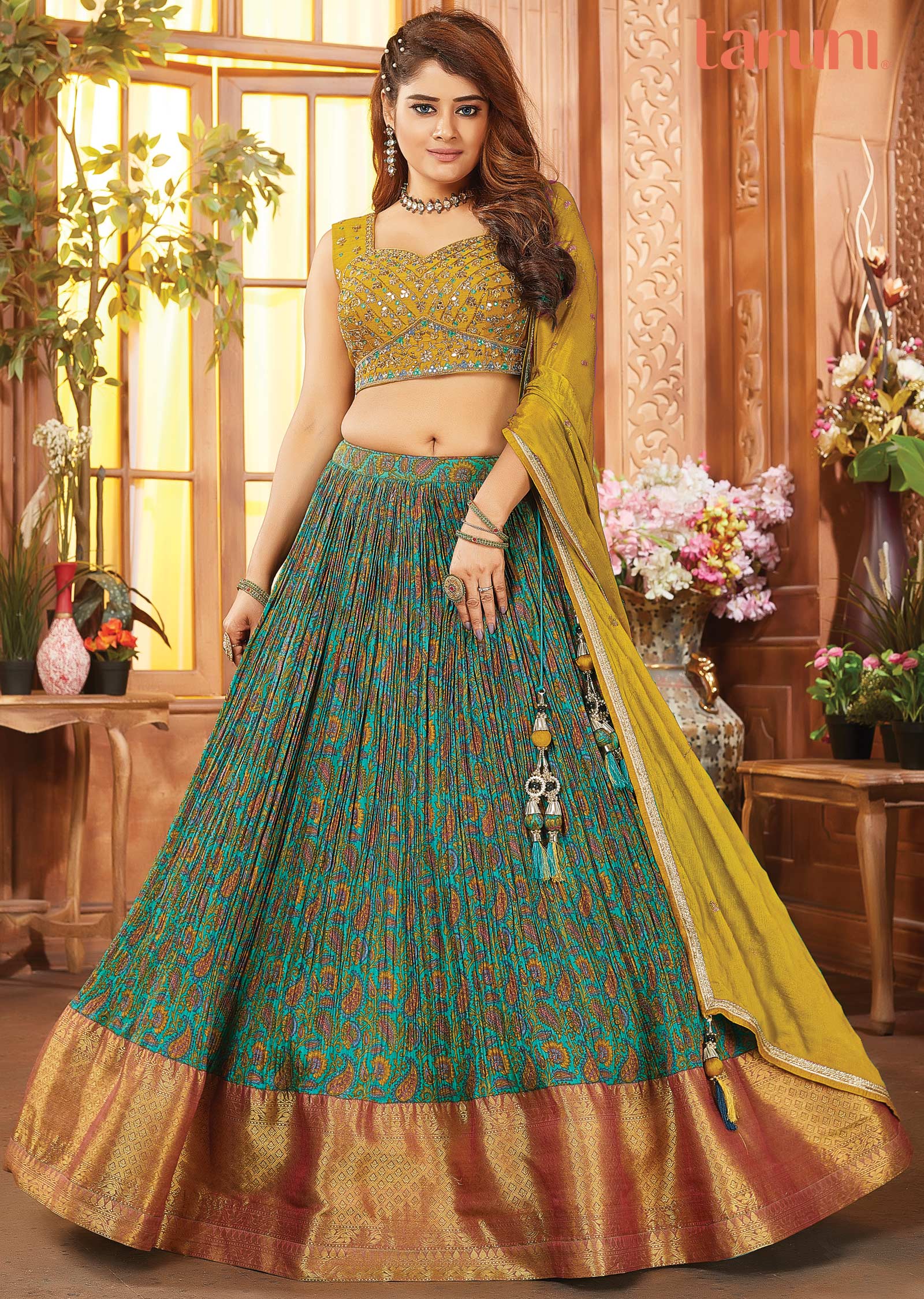 Mustard Green Silk Embroidered lehenga