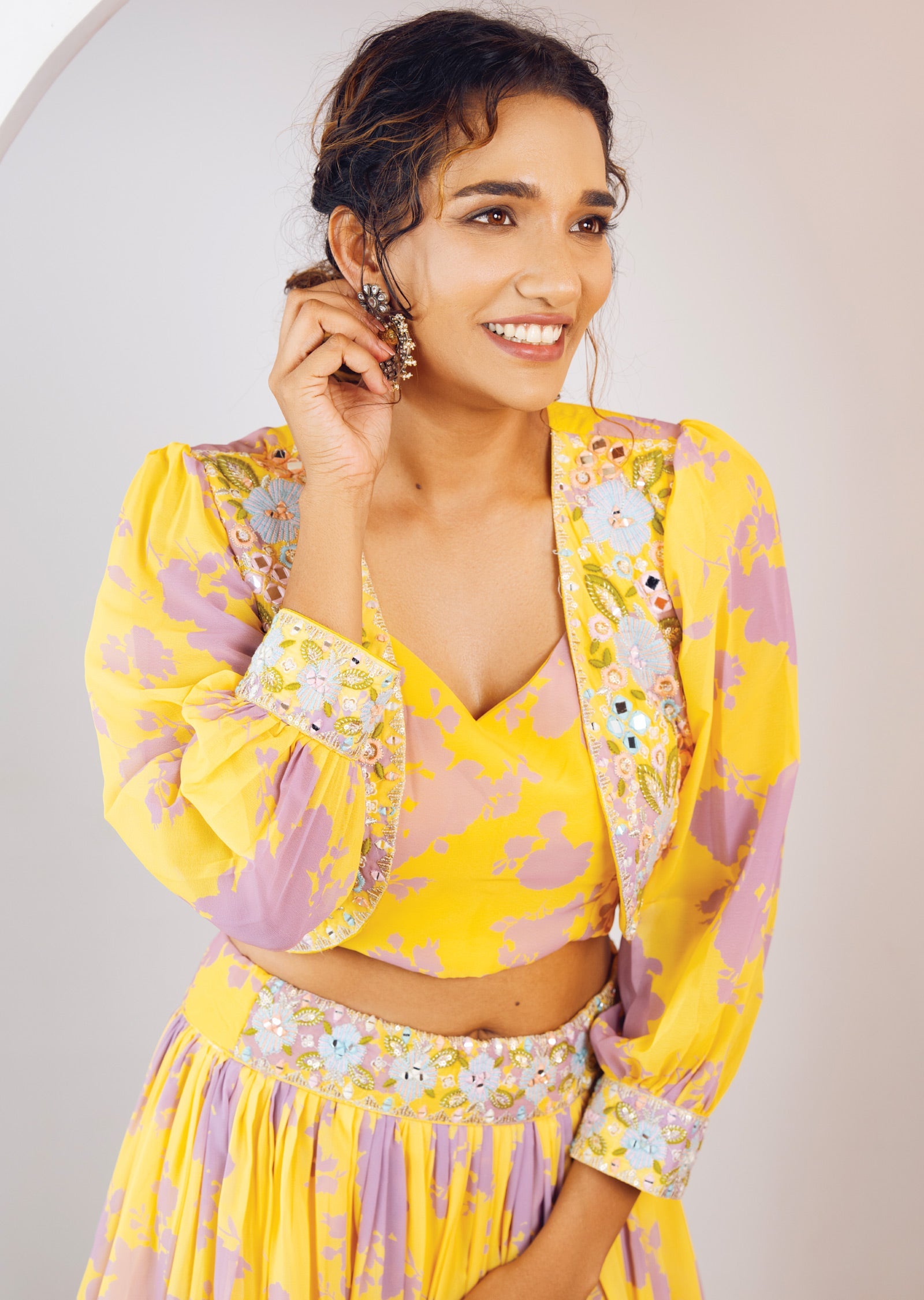 Yellow & Lavender Georgette Embroidered Lehenga Set