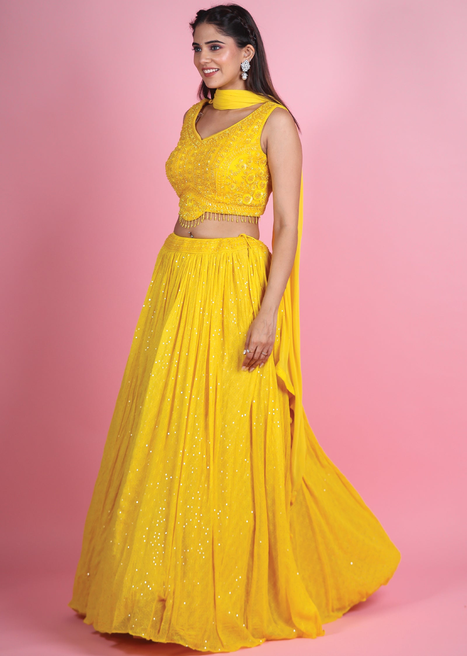 Yellow Silk Georgette Lehenga Set