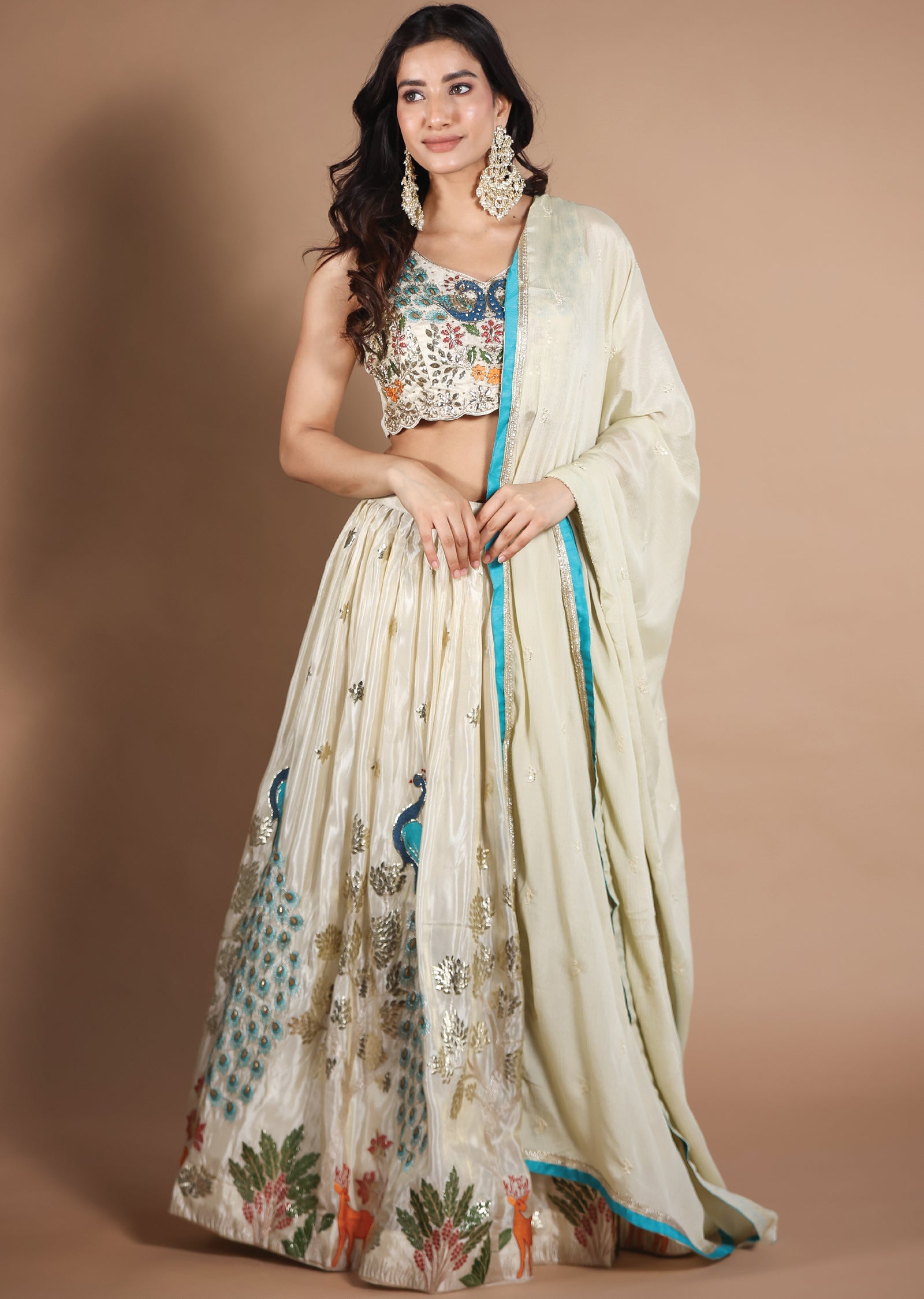 Beige Tissue Silk Lehengas