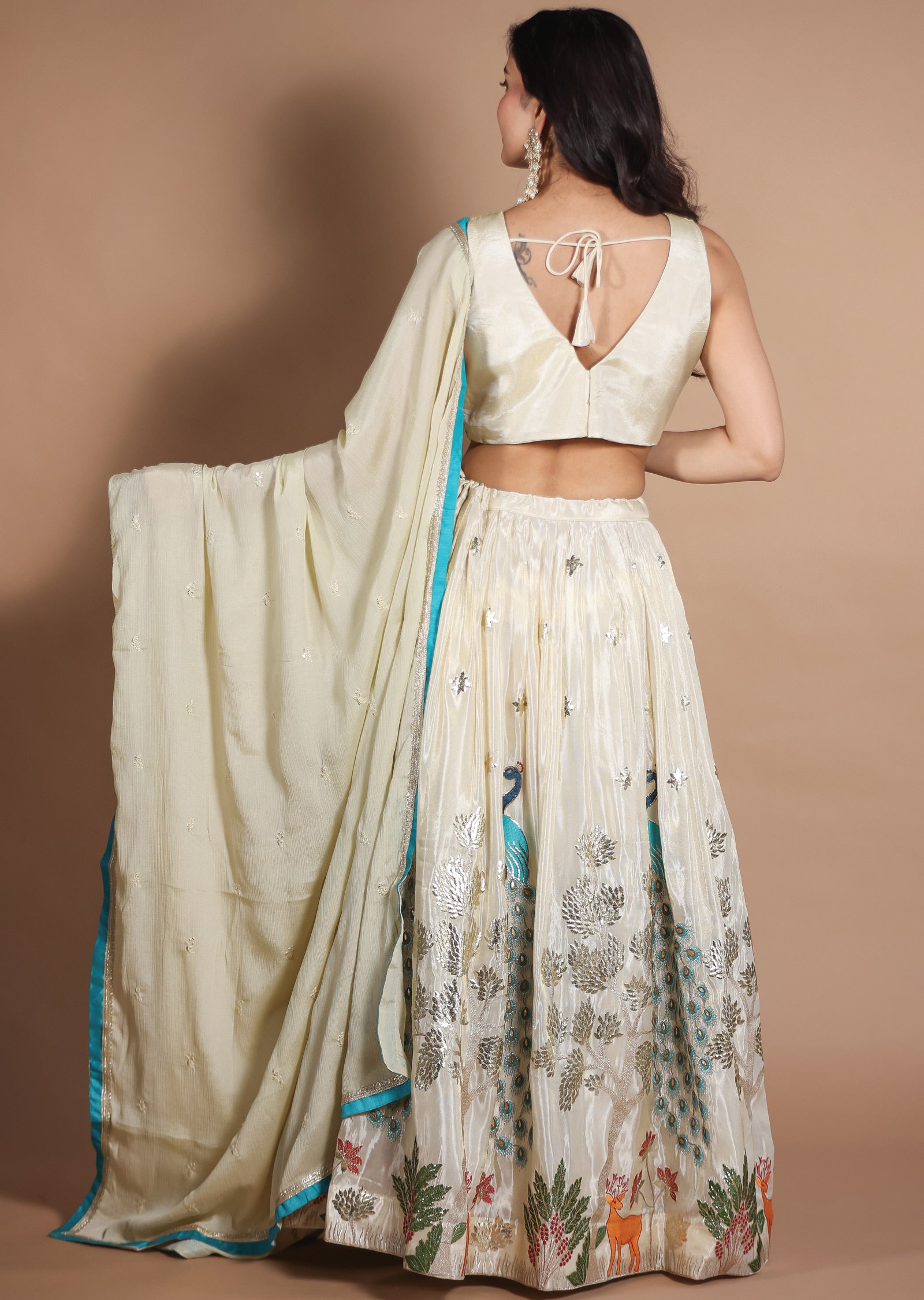 Beige Tissue Silk Lehengas