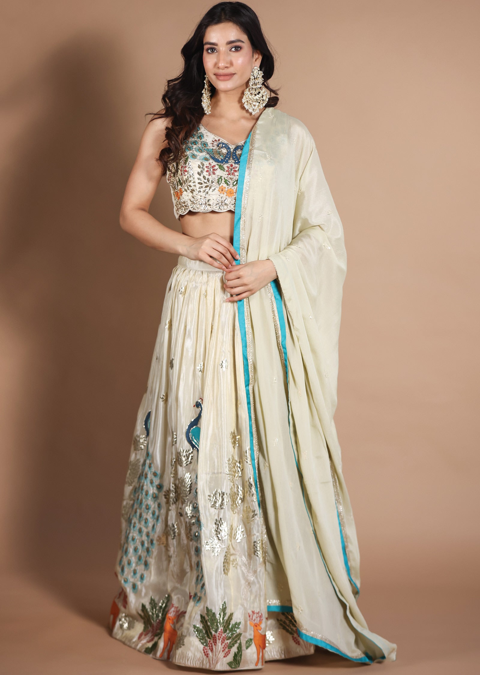 Beige Tissue Silk Lehengas
