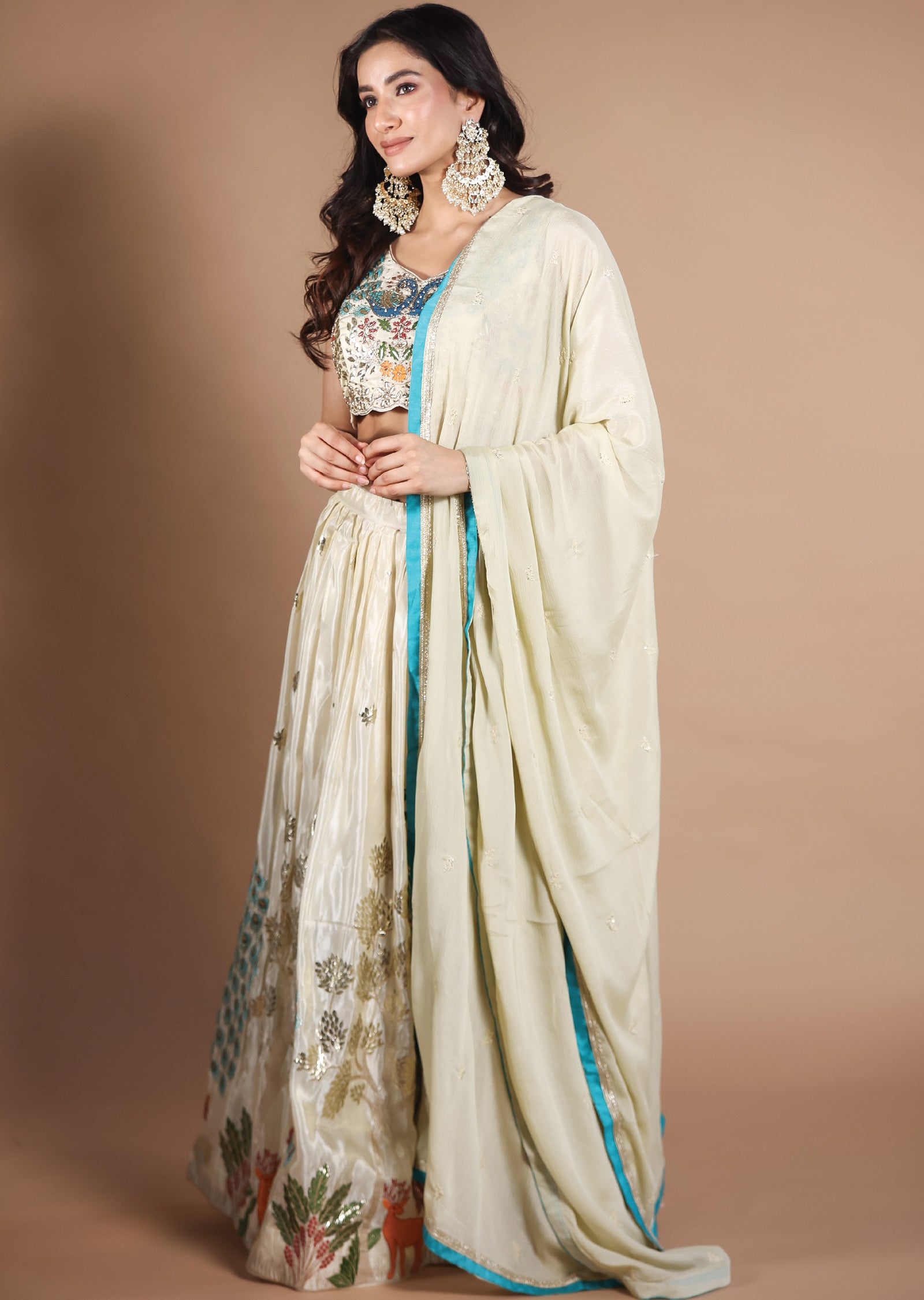 Beige Tissue Silk Lehengas