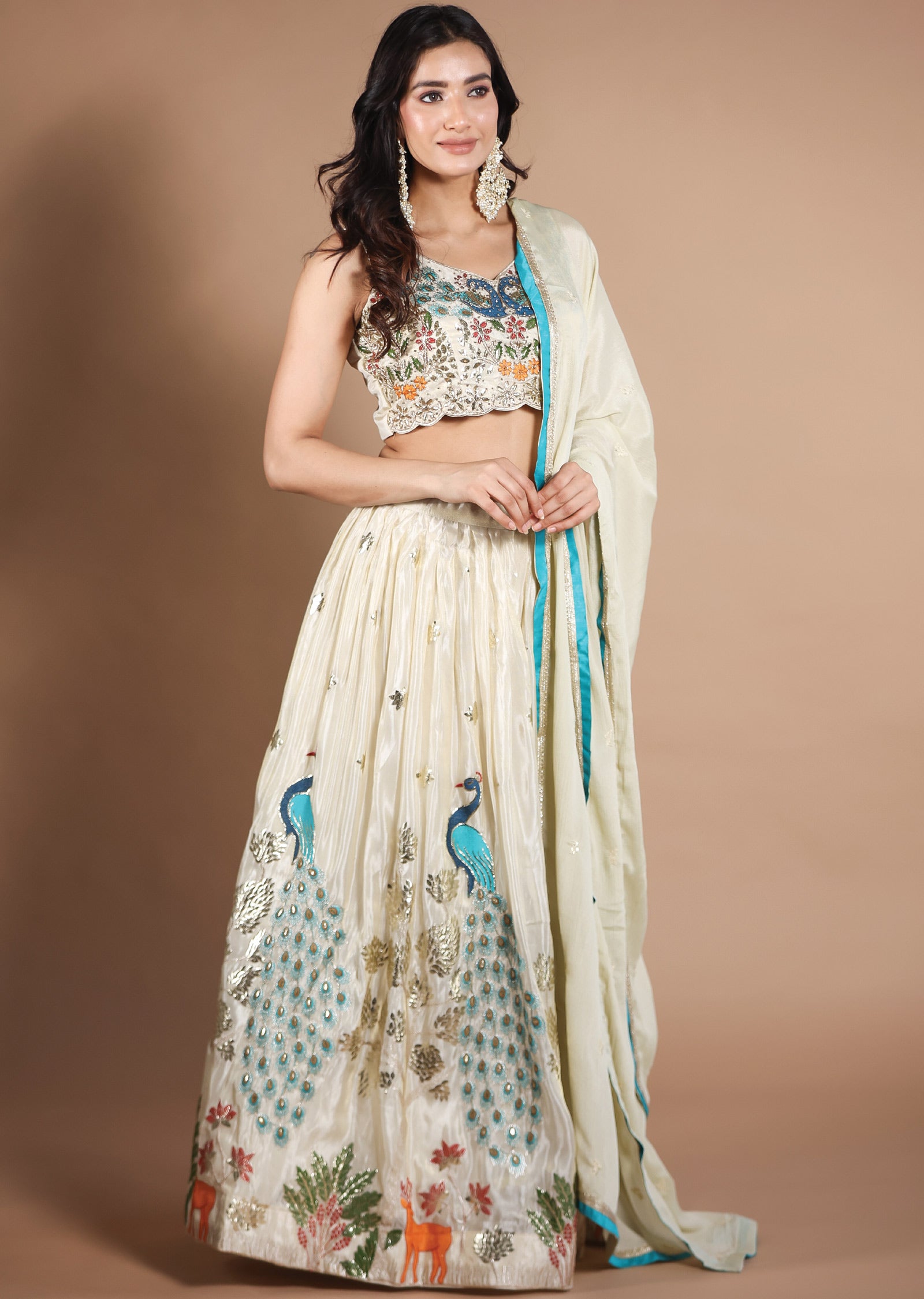 Beige Tissue Silk Lehengas