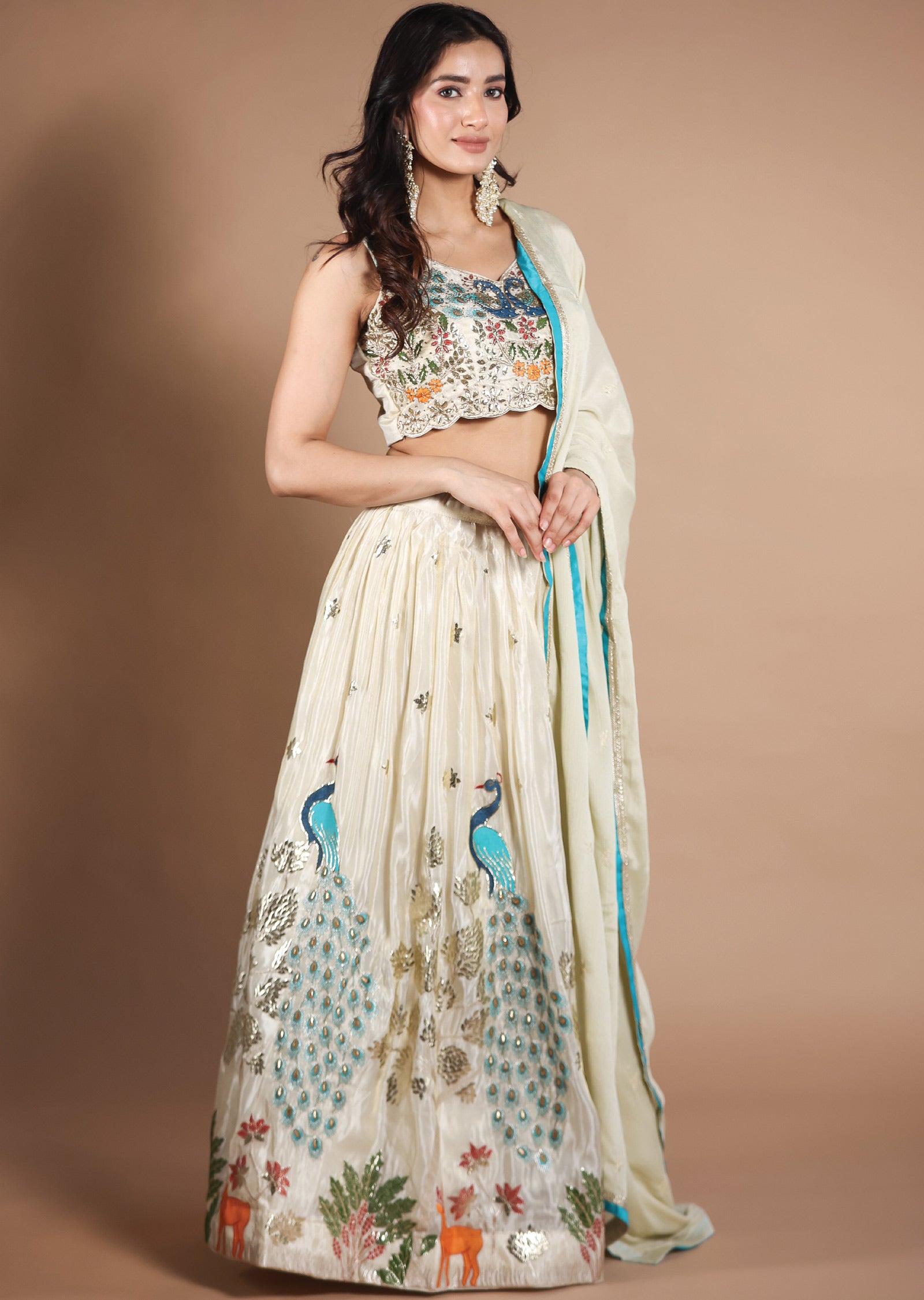 Beige Tissue Silk Lehengas
