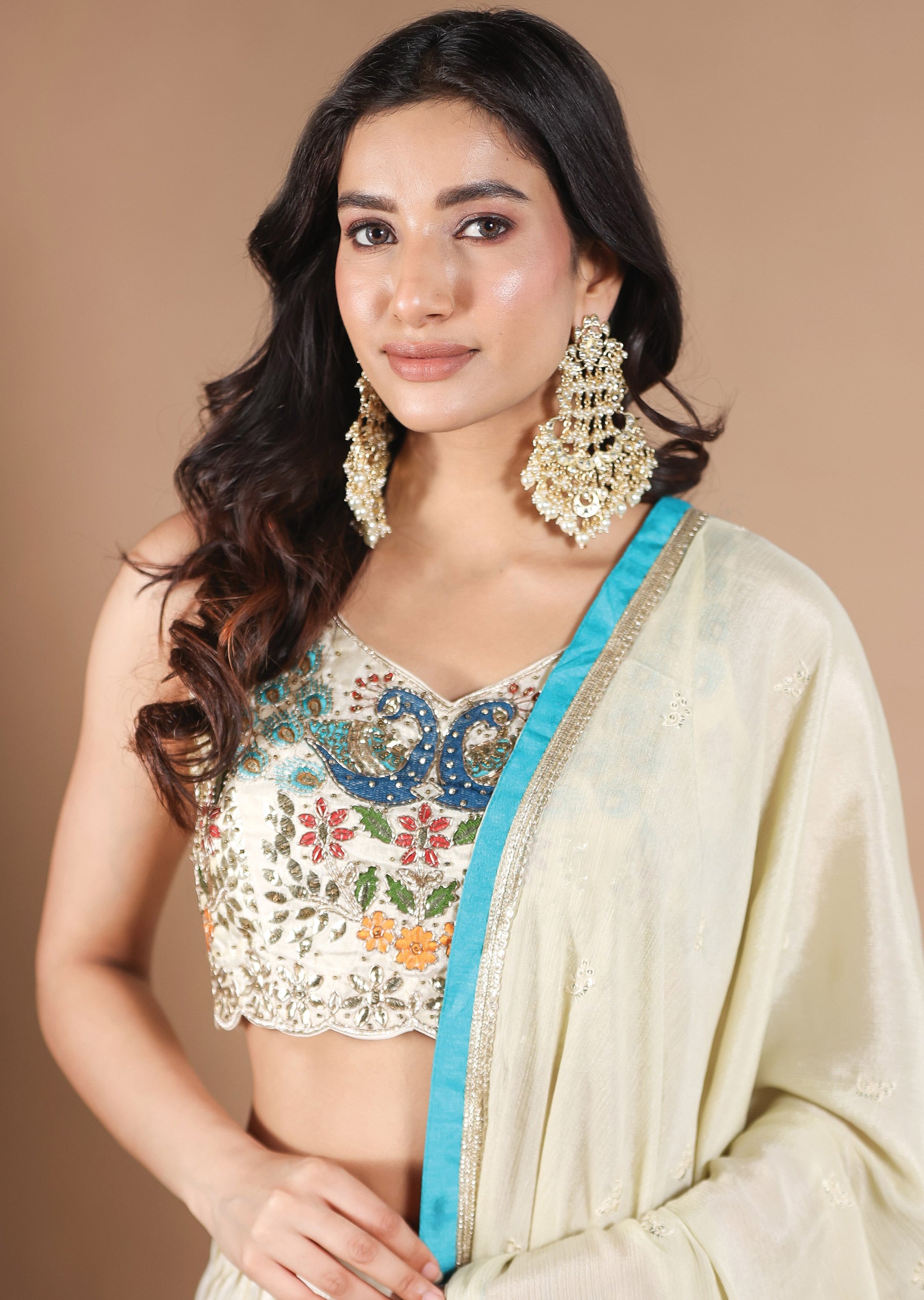 Beige Tissue Silk Lehengas
