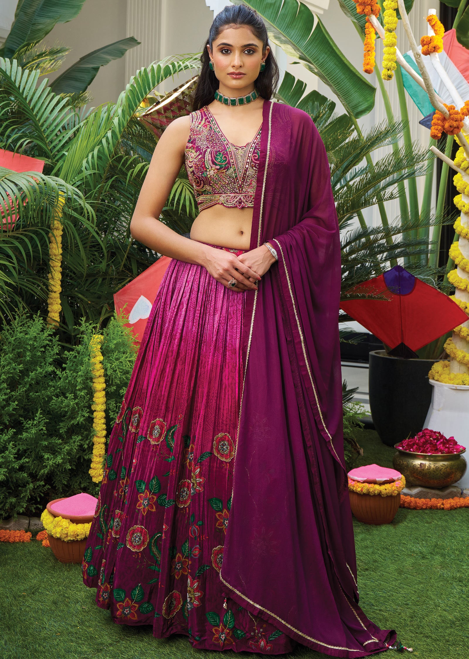 Dark Magenta Crepe Lehengas